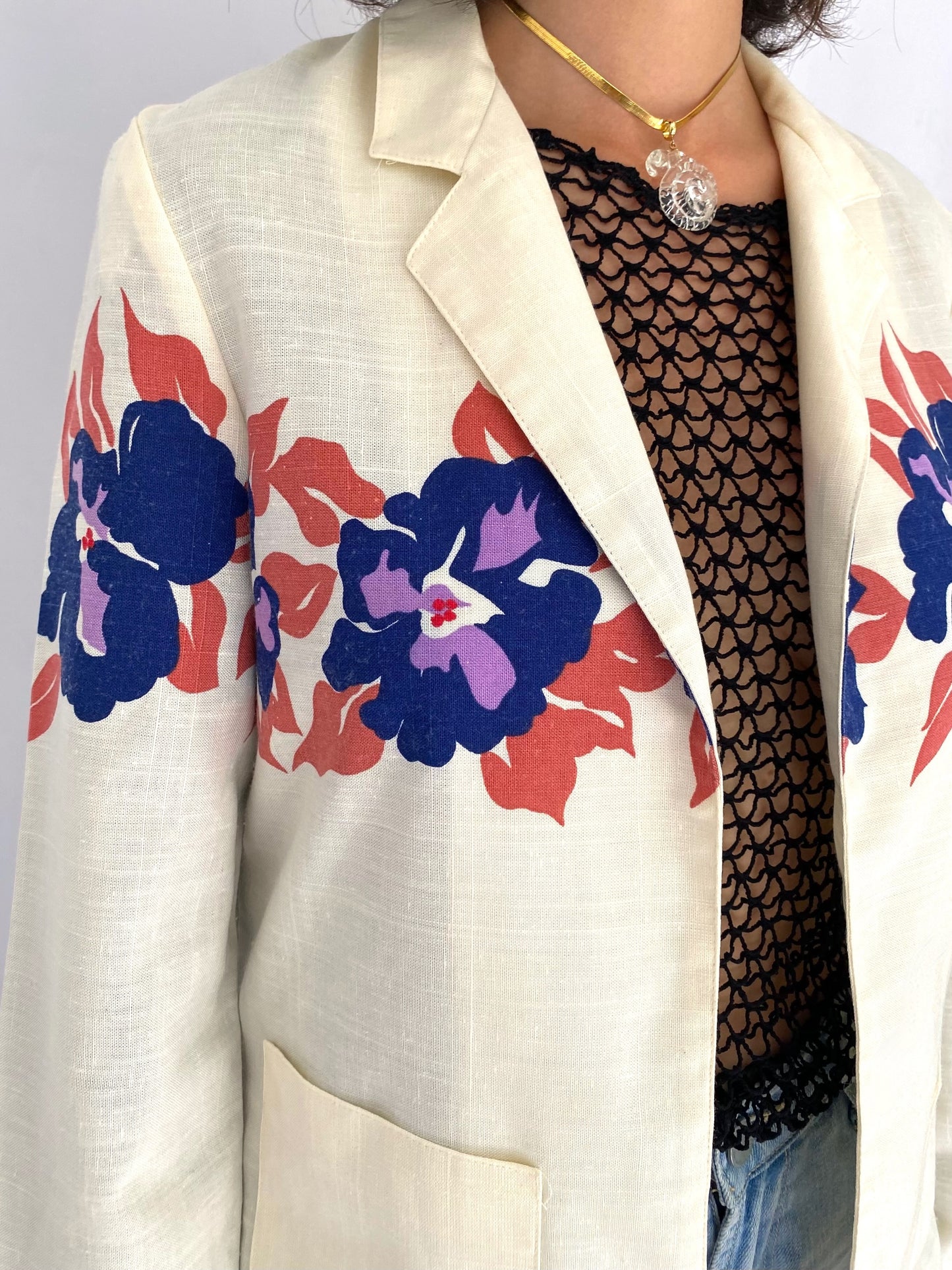90s vintage cream floral hibiscus print open front blazer