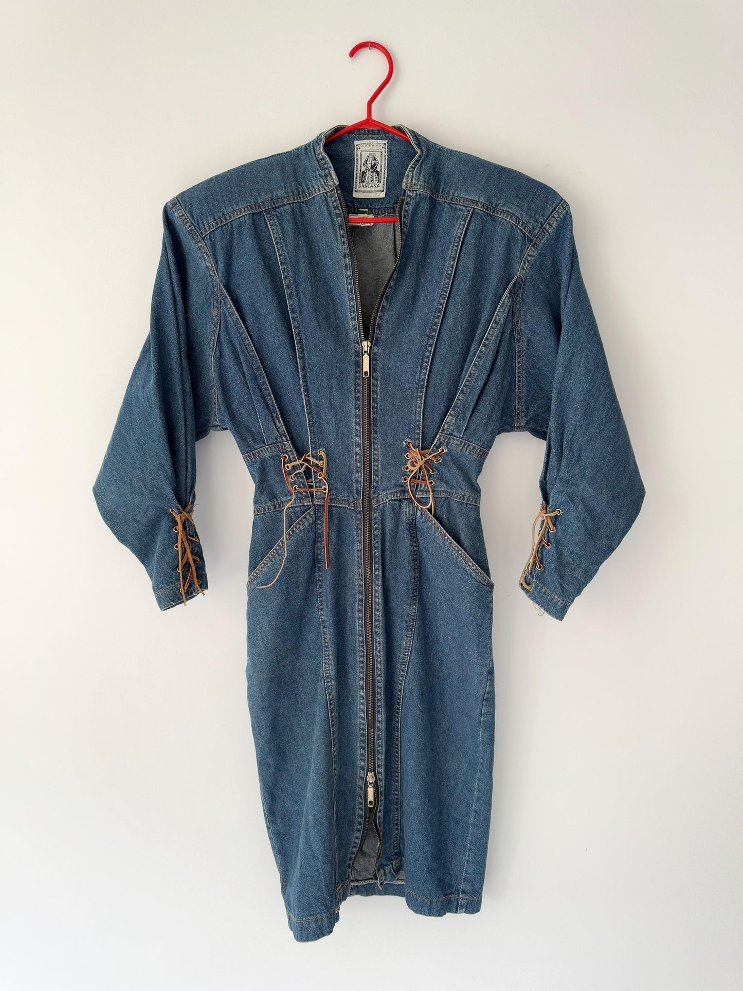 80s vintage blue denim fitted pencil full zip up jean dress – small | power dressing retro wiggle long sleeved dress
