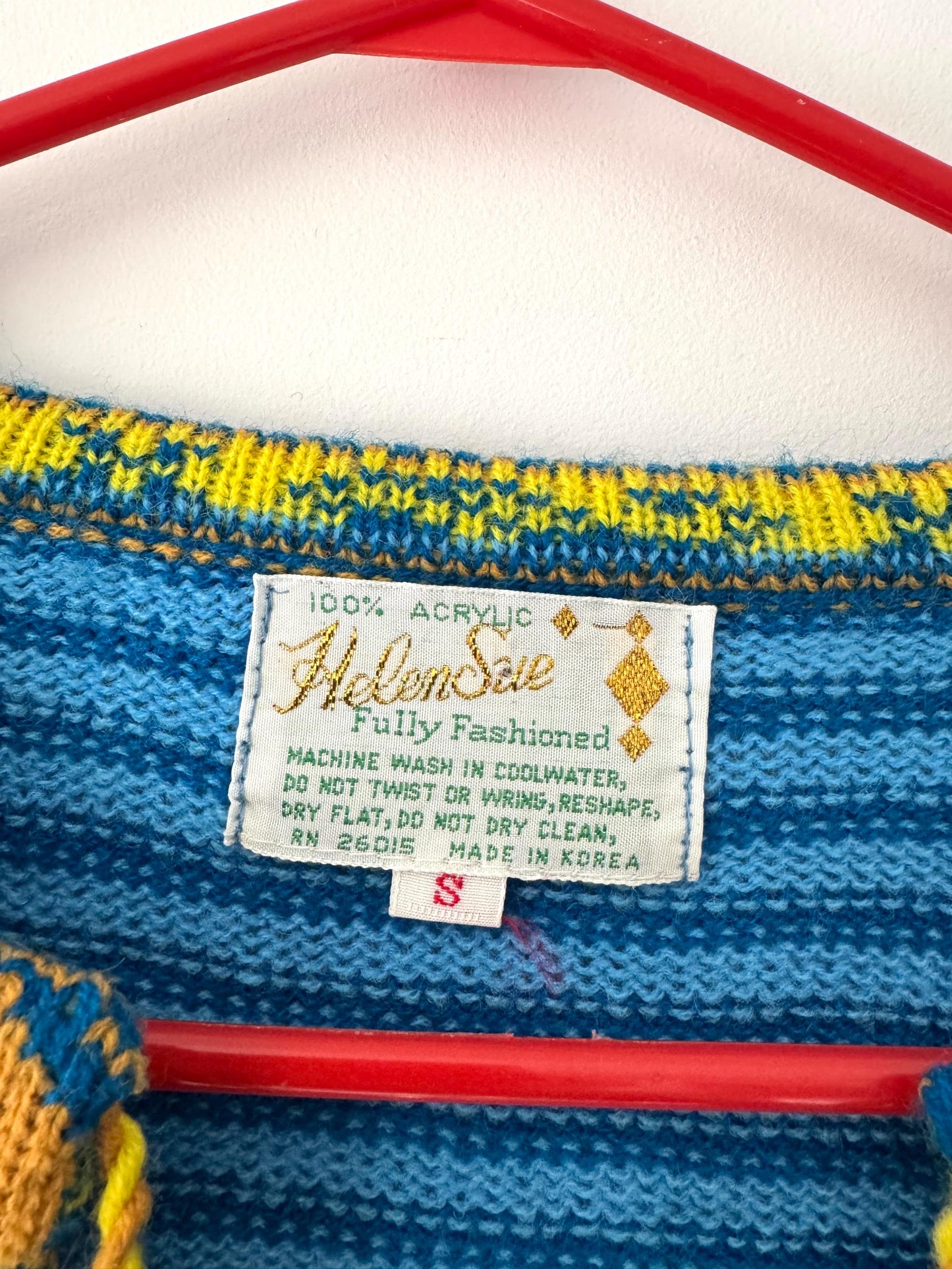 70s vintage blue yellow boho patterned tassel ties open front knit cardigan – small | helen sue western flared long sleeved acrylic sweater