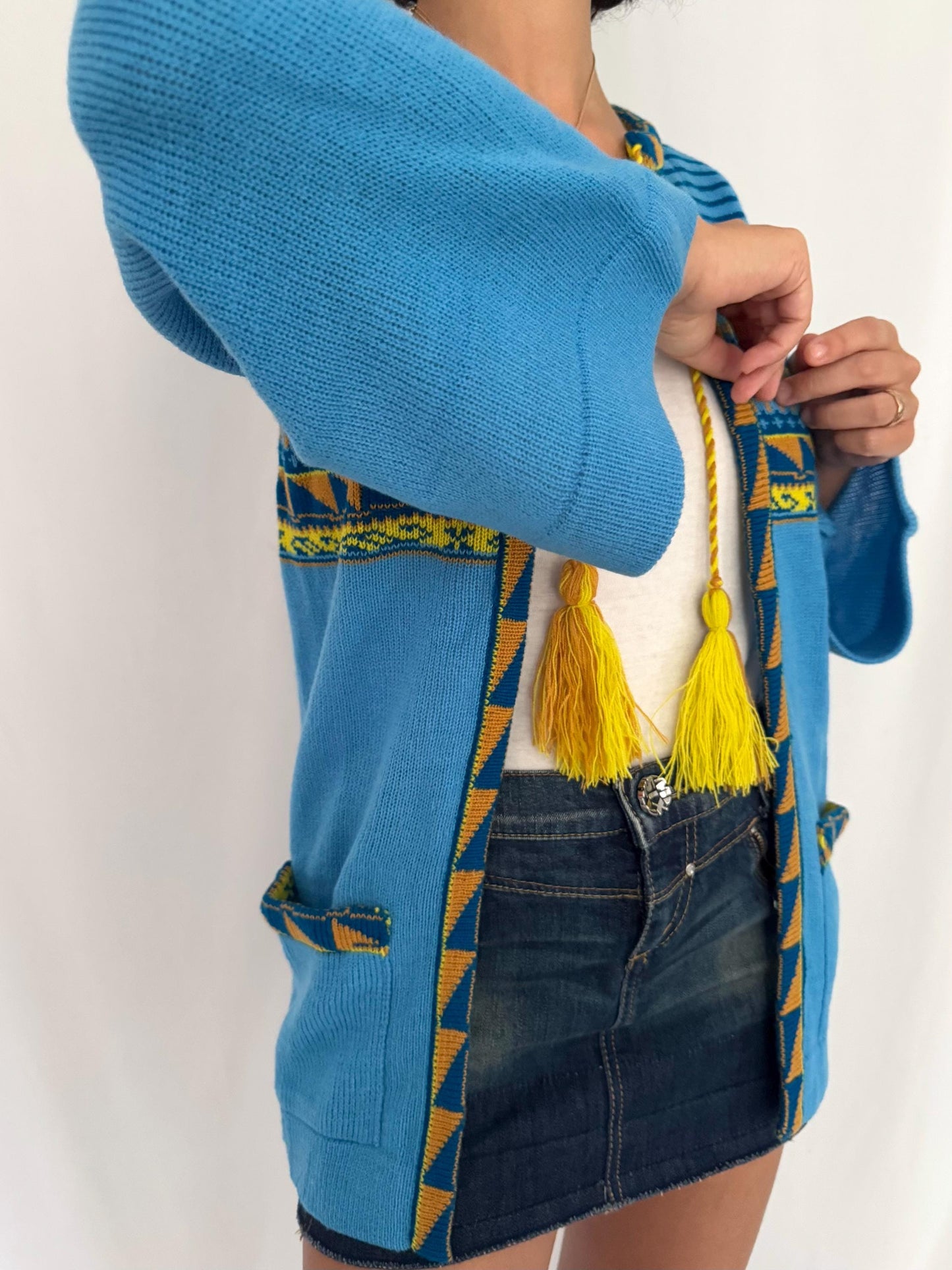 70s vintage blue yellow boho patterned tassel ties open front knit cardigan – small | helen sue western flared long sleeved acrylic sweater