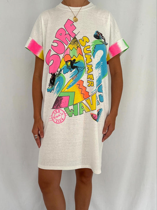 90s vintage neon surf club tropical vacation tee shirt dress