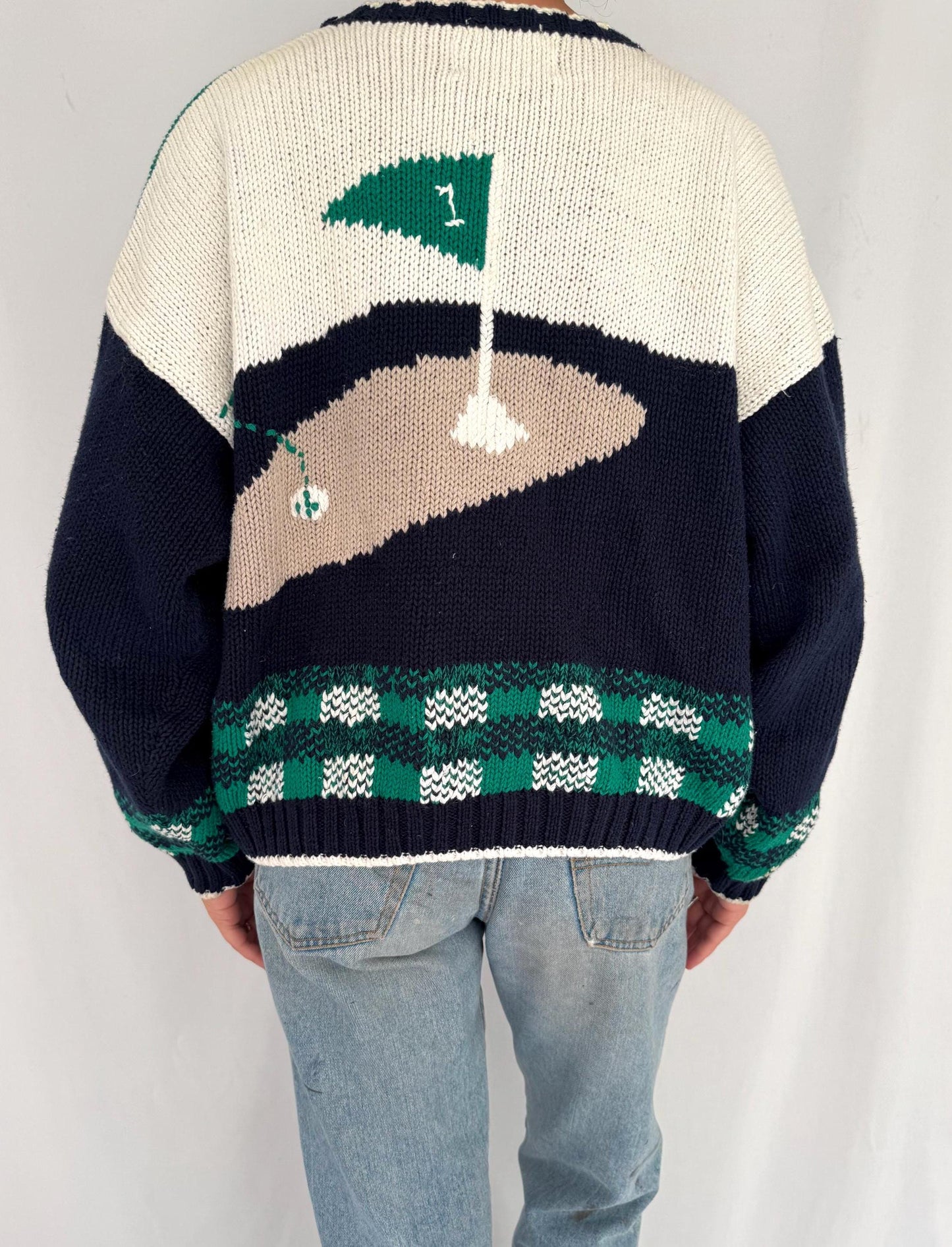 90s vintage novelty golf print embroidered hand knit cardigan – large | 3D golfing plaid unique funky button up sweater