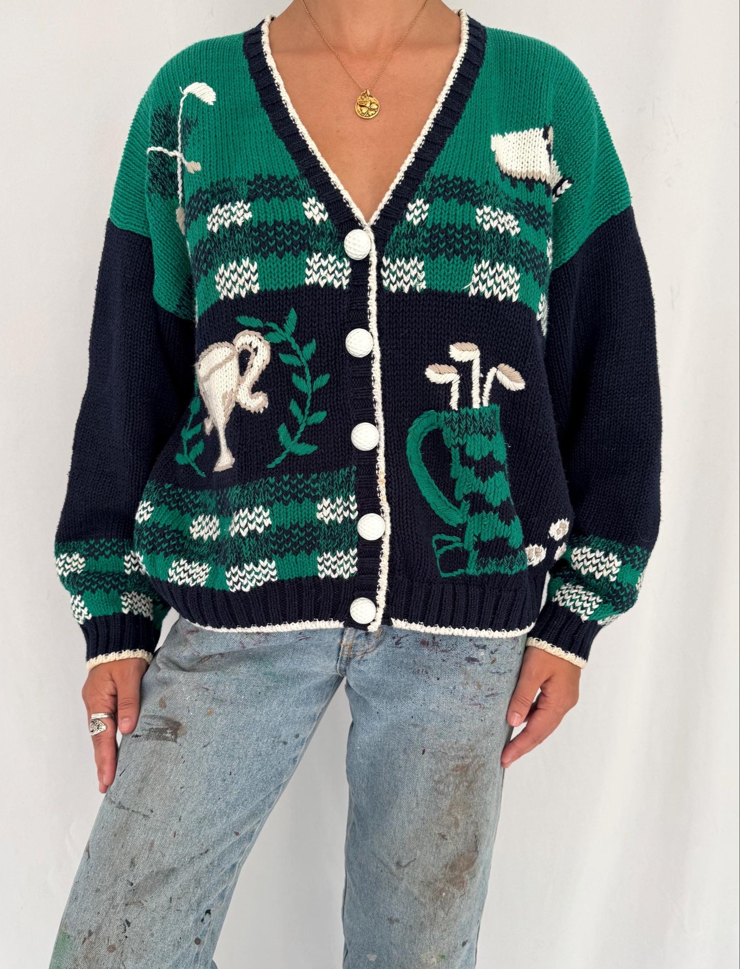 90s vintage novelty golf print embroidered hand knit cardigan – large | 3D golfing plaid unique funky button up sweater
