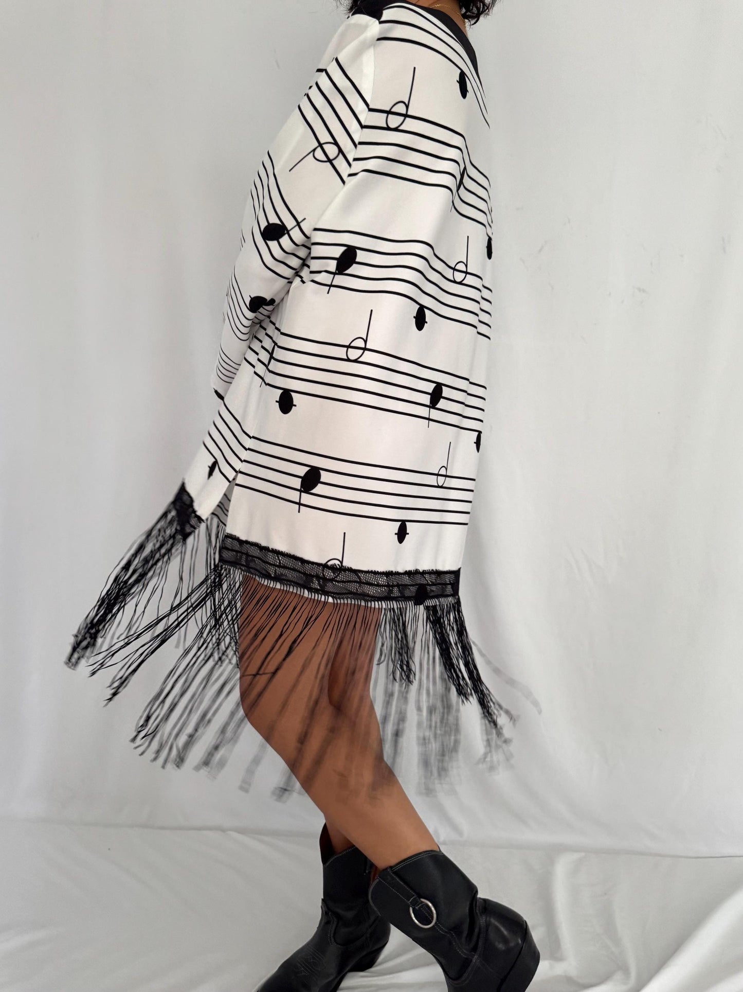 70s vintage sheet music lover fringed trim long sleeved dress