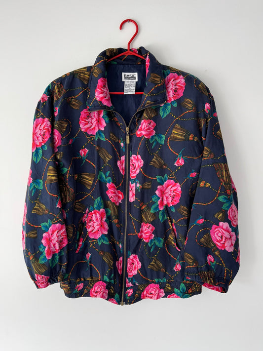 90s vintage multicolor floral rose print pure silk light bomber jacket