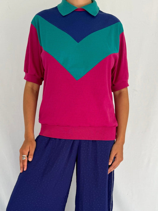 80s vintage multicolor geometric collared short sleeved shirt