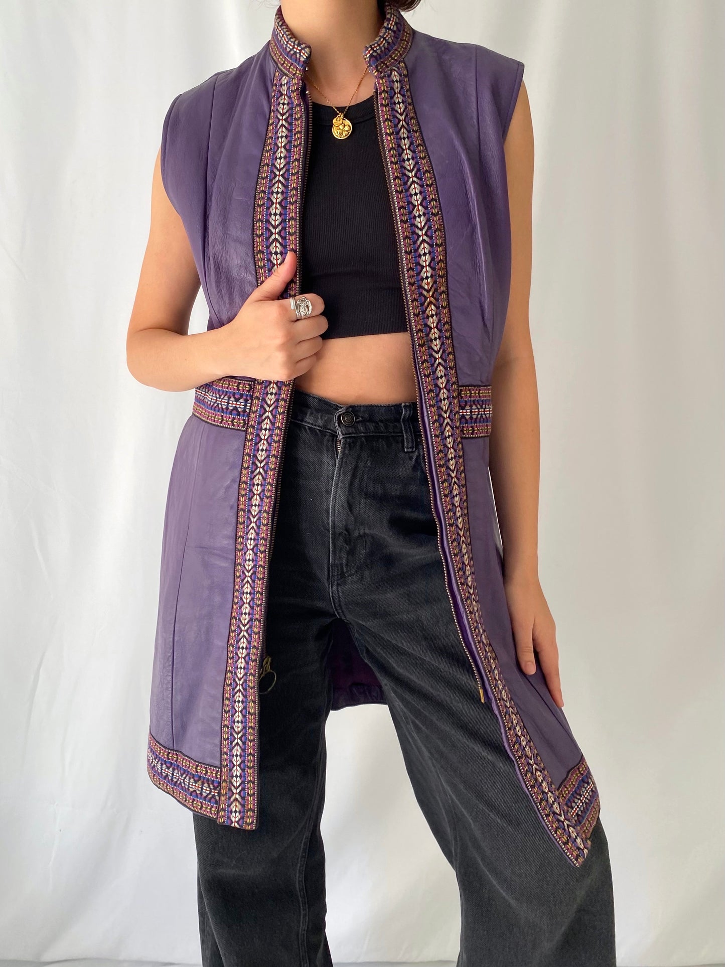 60s vintage purple embroidered leather sleeveless midi dress - medium, large | hippy groovy mod bohemian gogo zipper vest
