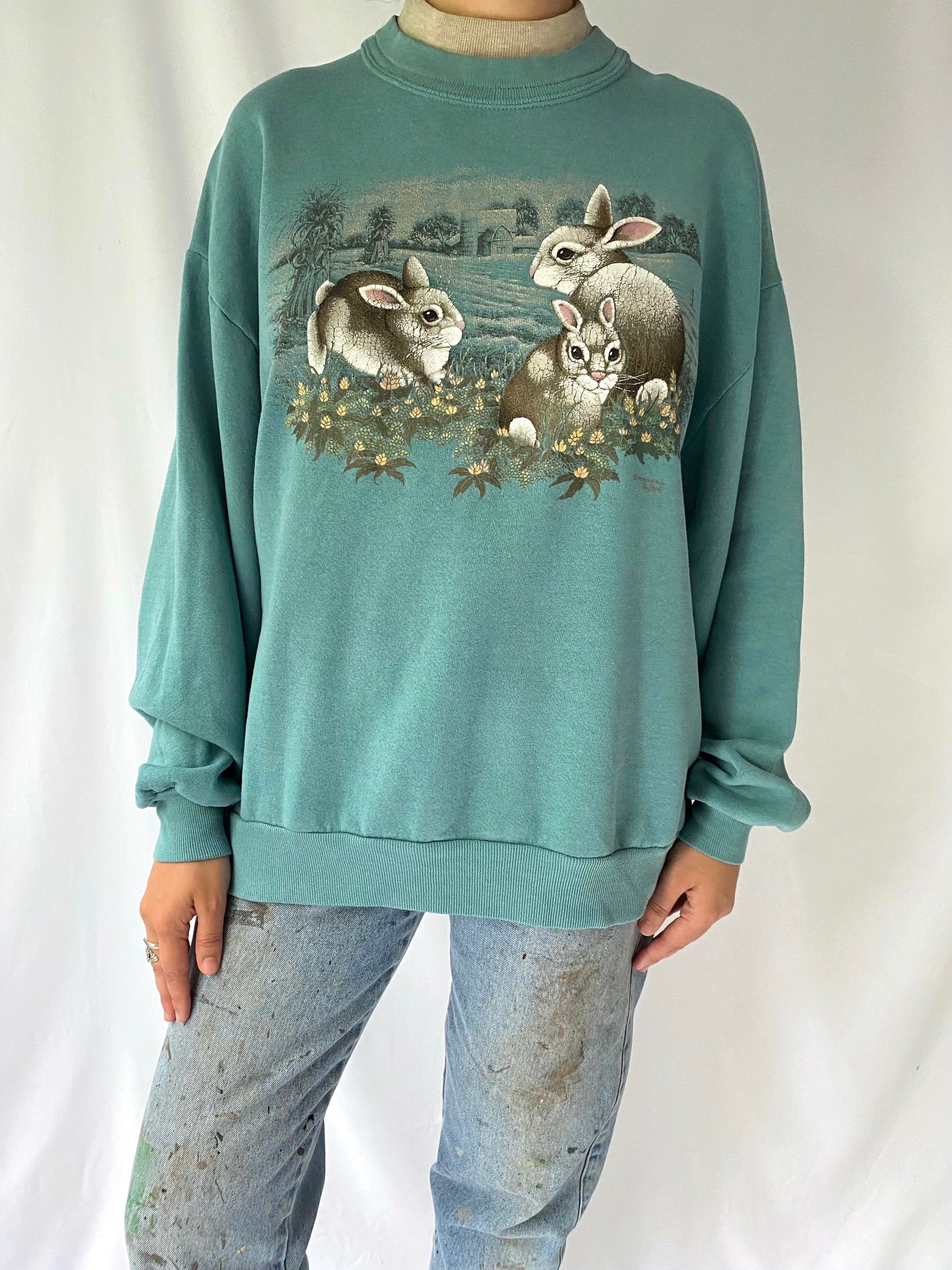 90s vintage green bunnies in nature pullover sweatshirt