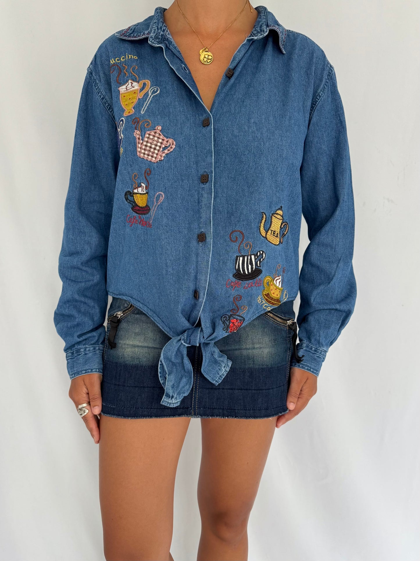 90s vintage blue denim novelty coffee embroidered button up down shirt – small medium | chambray reworked tie up blouse collared top