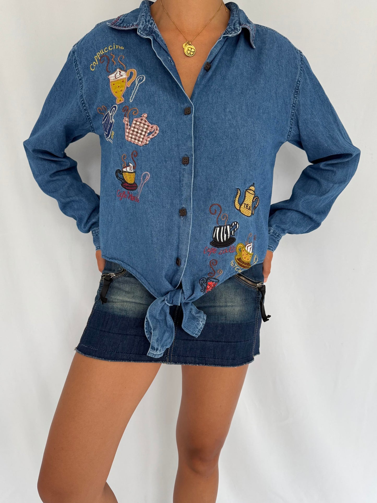 90s vintage blue denim novelty coffee embroidered button up down shirt – small medium | chambray reworked tie up blouse collared top