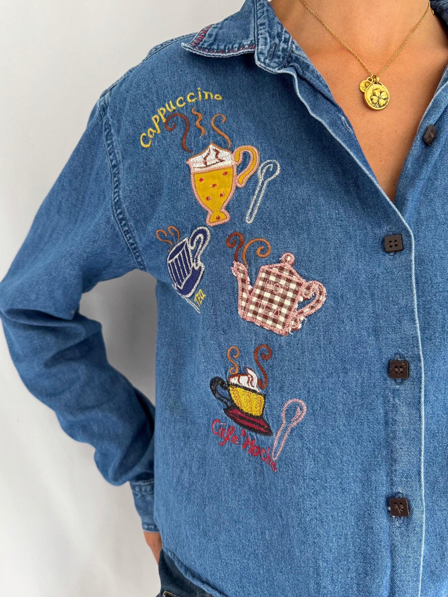 90s vintage blue denim novelty coffee embroidered button up down shirt – small medium | chambray reworked tie up blouse collared top