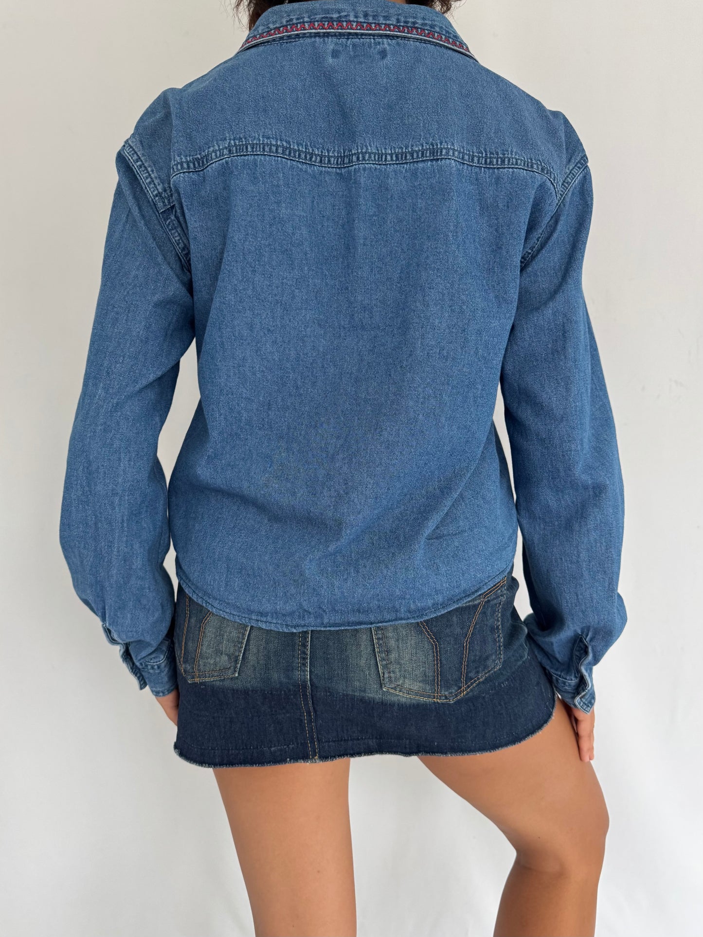 90s vintage blue denim novelty coffee embroidered button up down shirt – small medium | chambray reworked tie up blouse collared top