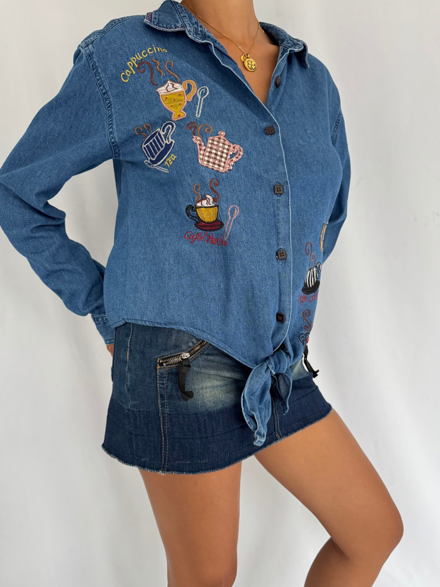90s vintage blue denim novelty coffee embroidered button up down shirt – small medium | chambray reworked tie up blouse collared top