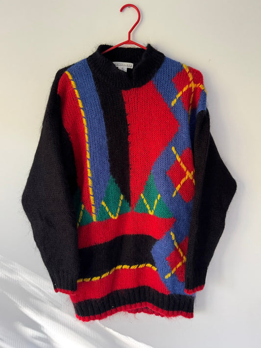 80s vintage multicolor abstract  mohair turtleneck knit sweater
