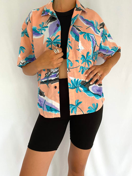 90s vintage multicolor tropical resort palm tree button up shirt