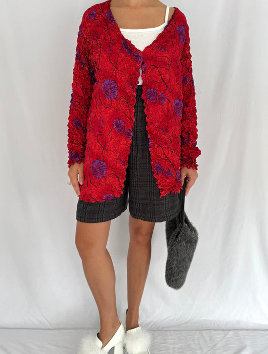 90s vintage red floral print cute ugly popcorn blouse cardigan