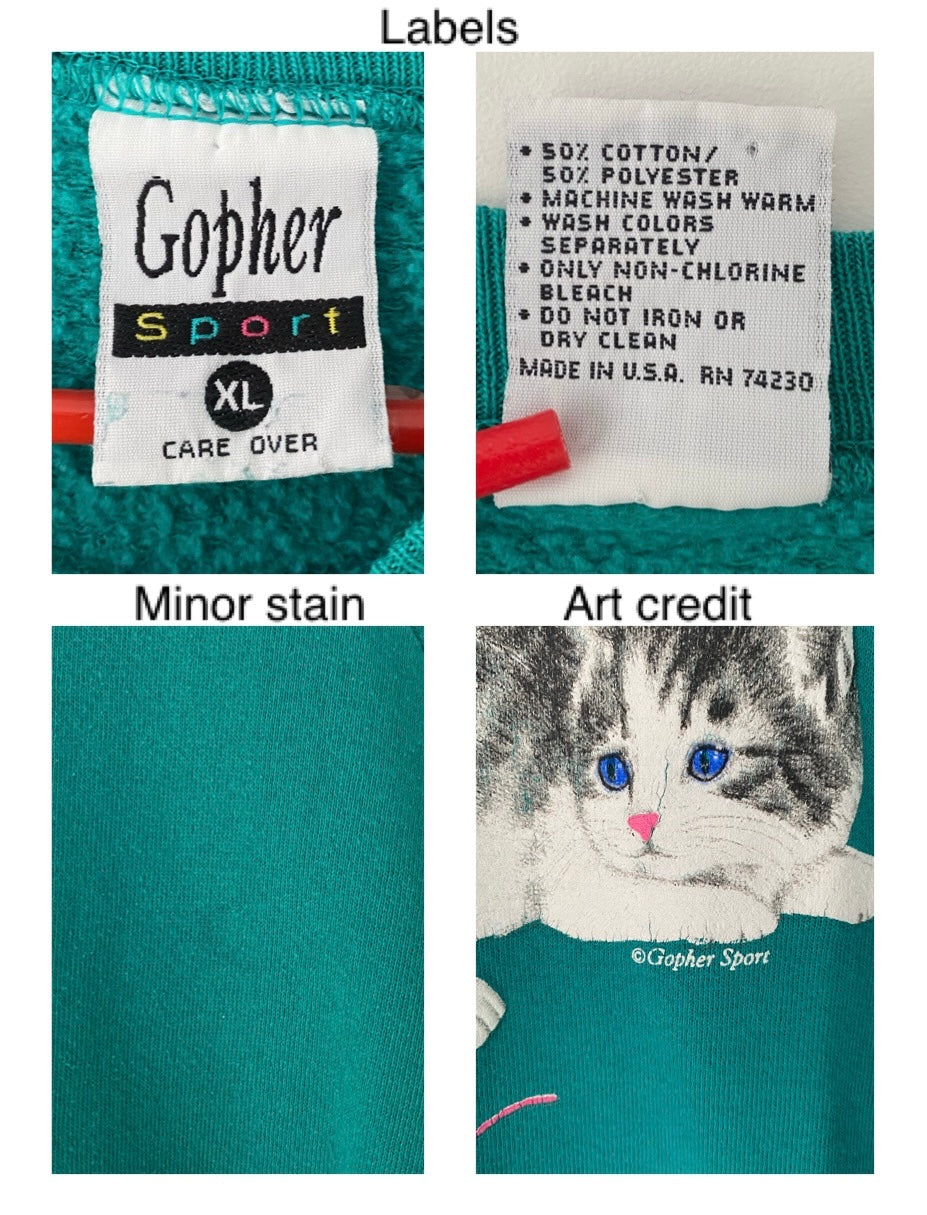 80s vintage green kittens cats yarn ball pullover sweatshirt