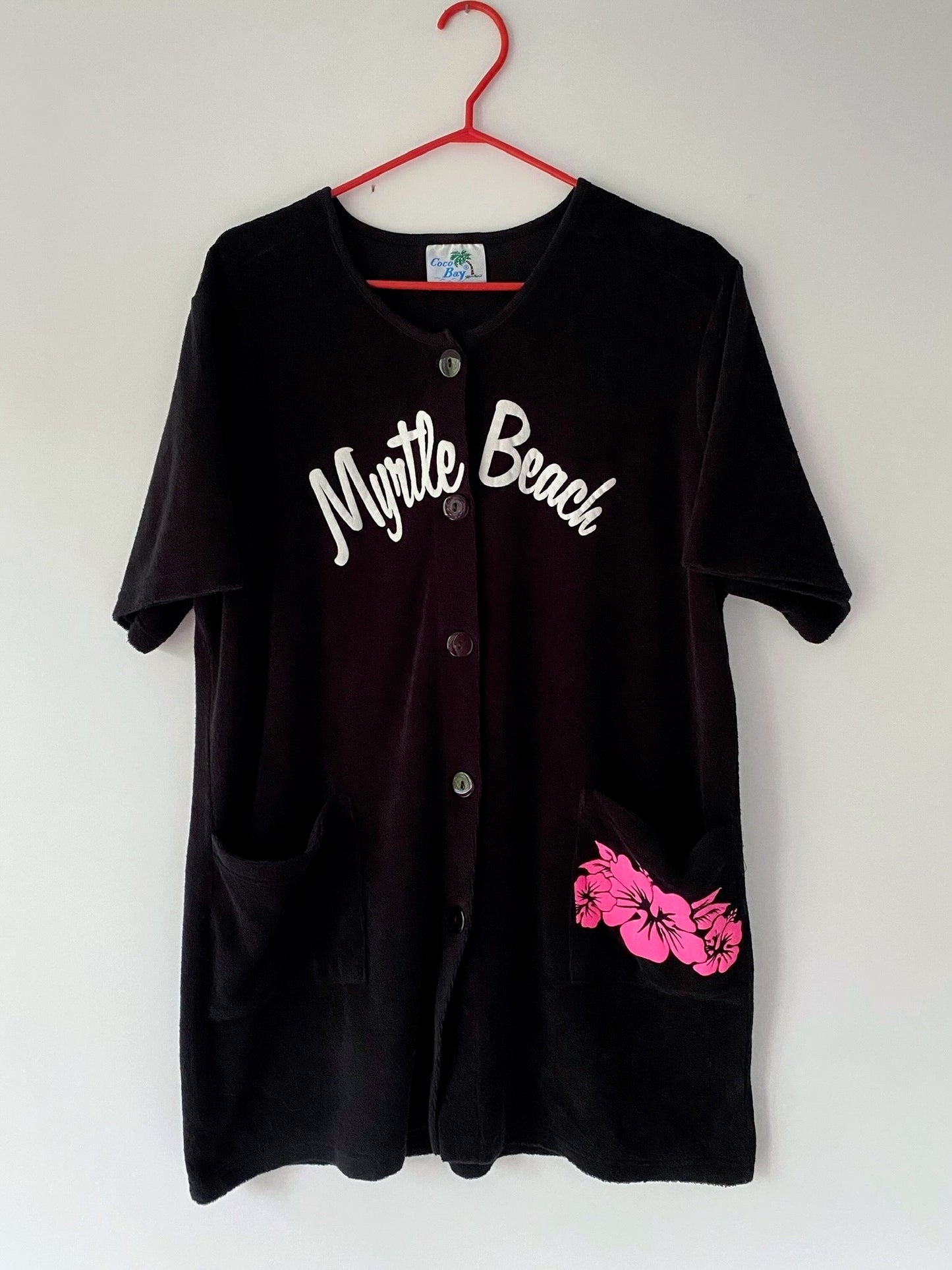 90s vintage black myrtle beach terry cloth dress – medium, large | vacation retro cover up with pockets