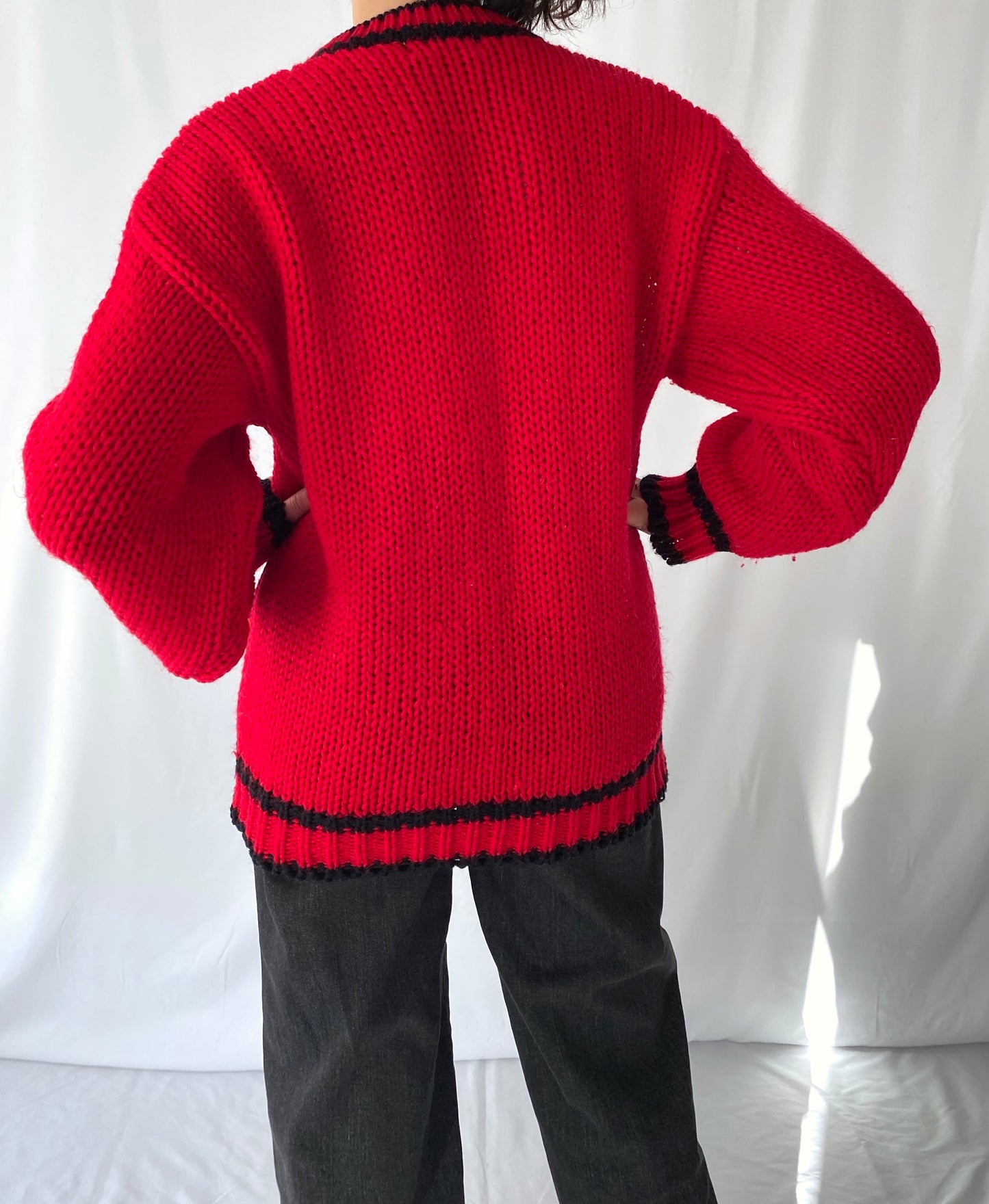 80s vintage red panda hand knit crewneck sweater – medium, large | novelty cute chunky acrylic long sleeved jumper