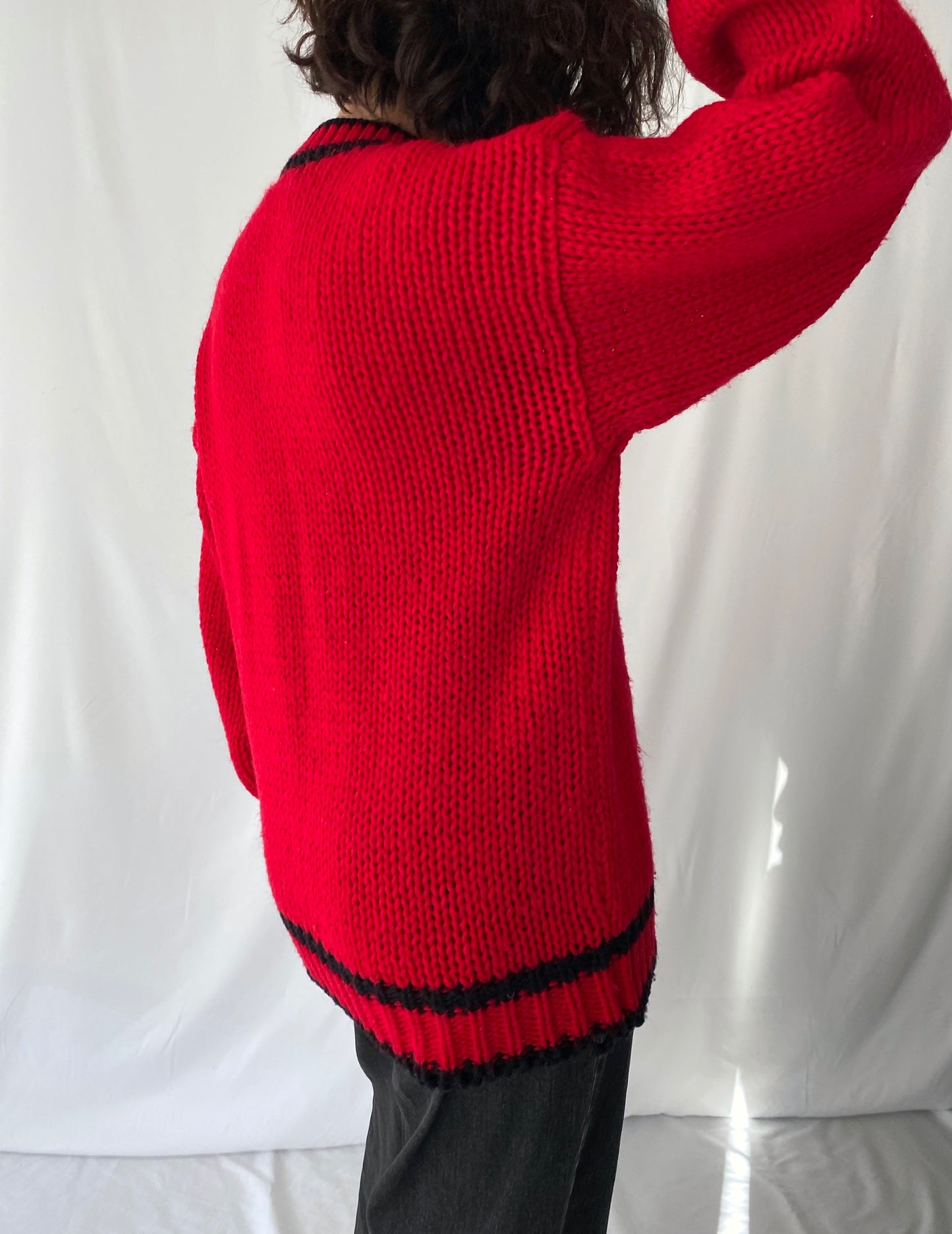 80s vintage red panda hand knit crewneck sweater – medium, large | novelty cute chunky acrylic long sleeved jumper