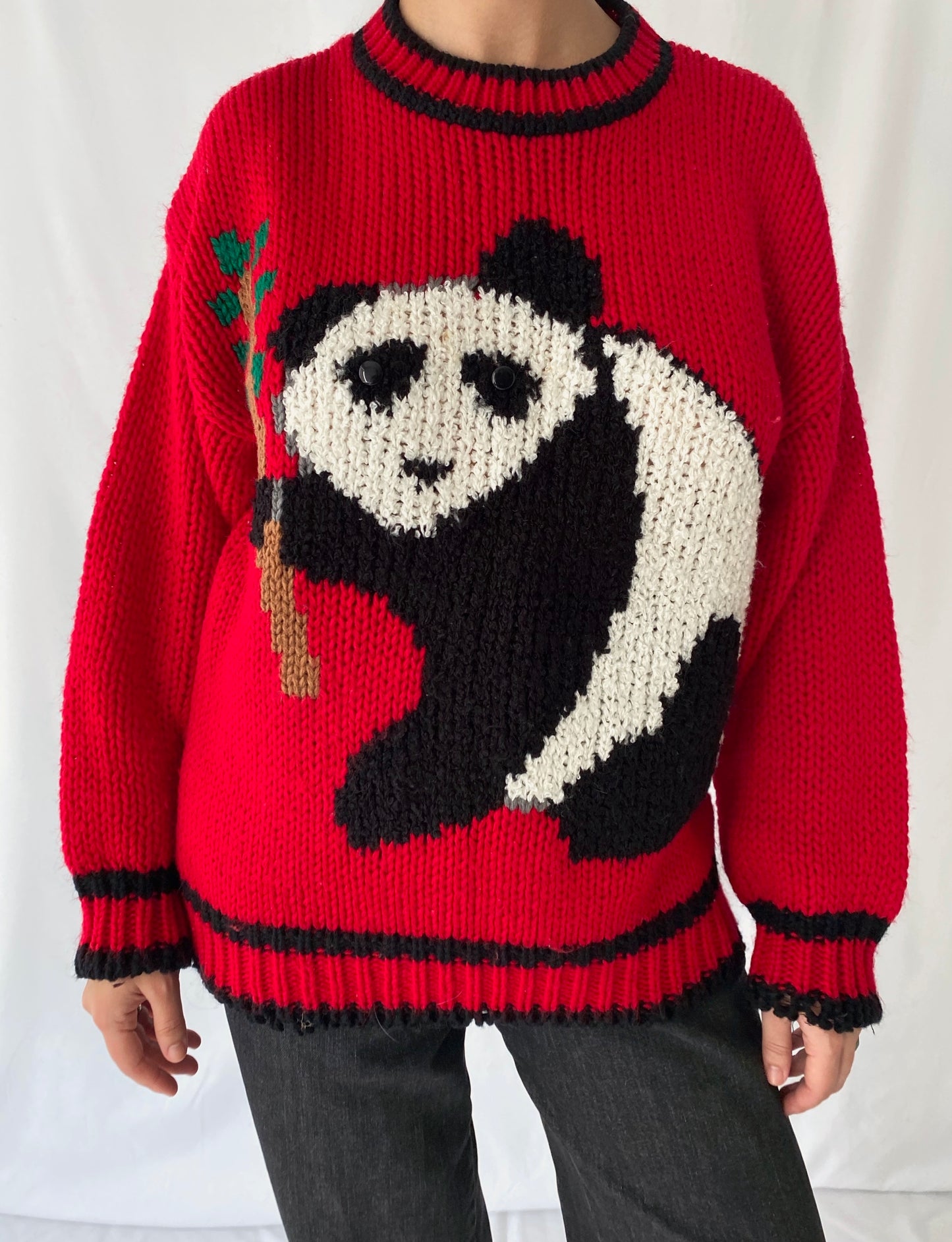 80s vintage red panda hand knit crewneck sweater – medium, large | novelty cute chunky acrylic long sleeved jumper