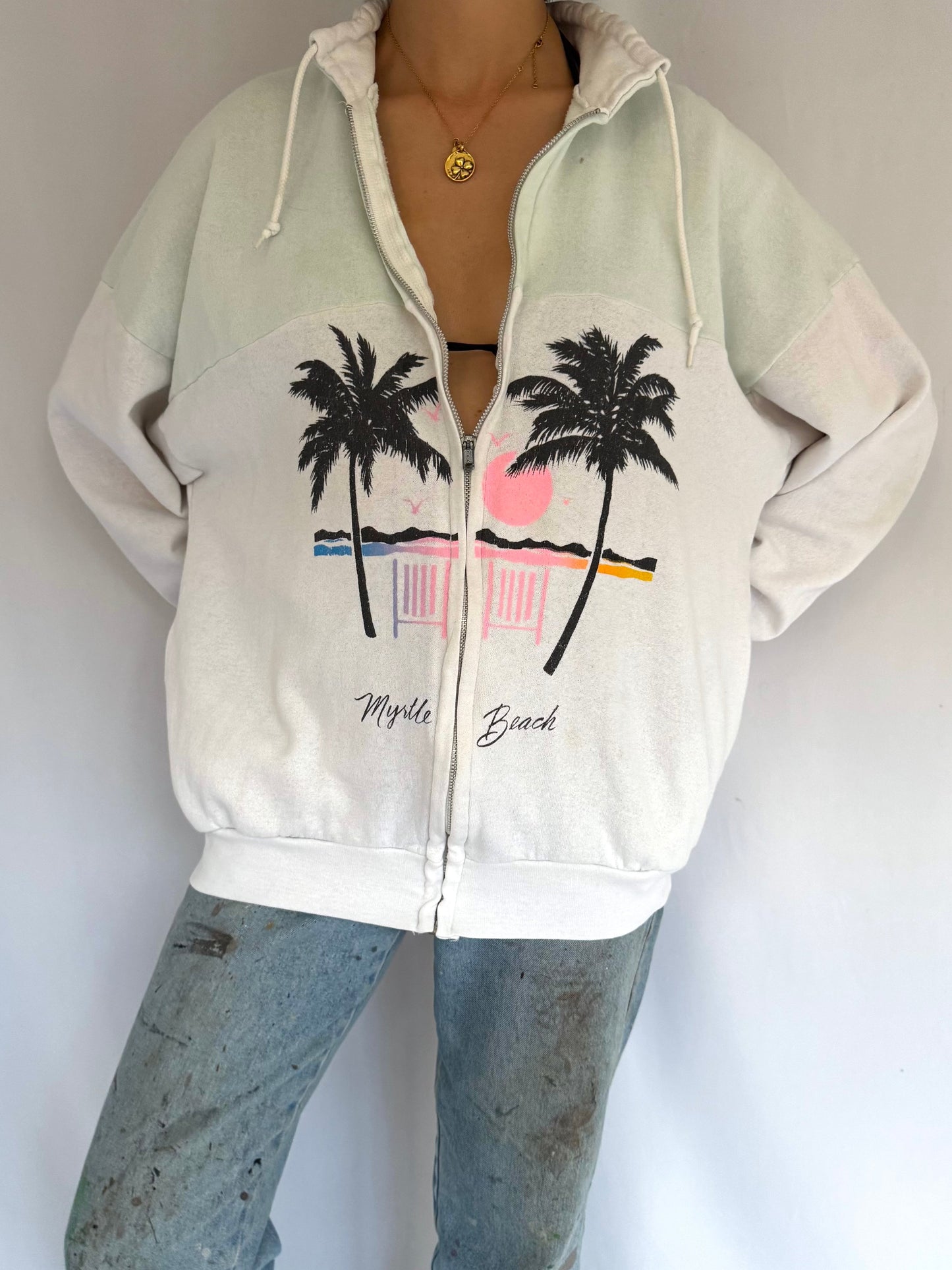 80s vintage myrtle beach retro graphic zip up sweatshirt – large | distressed vacation souvenir palm tree print cotton hoodie sweater