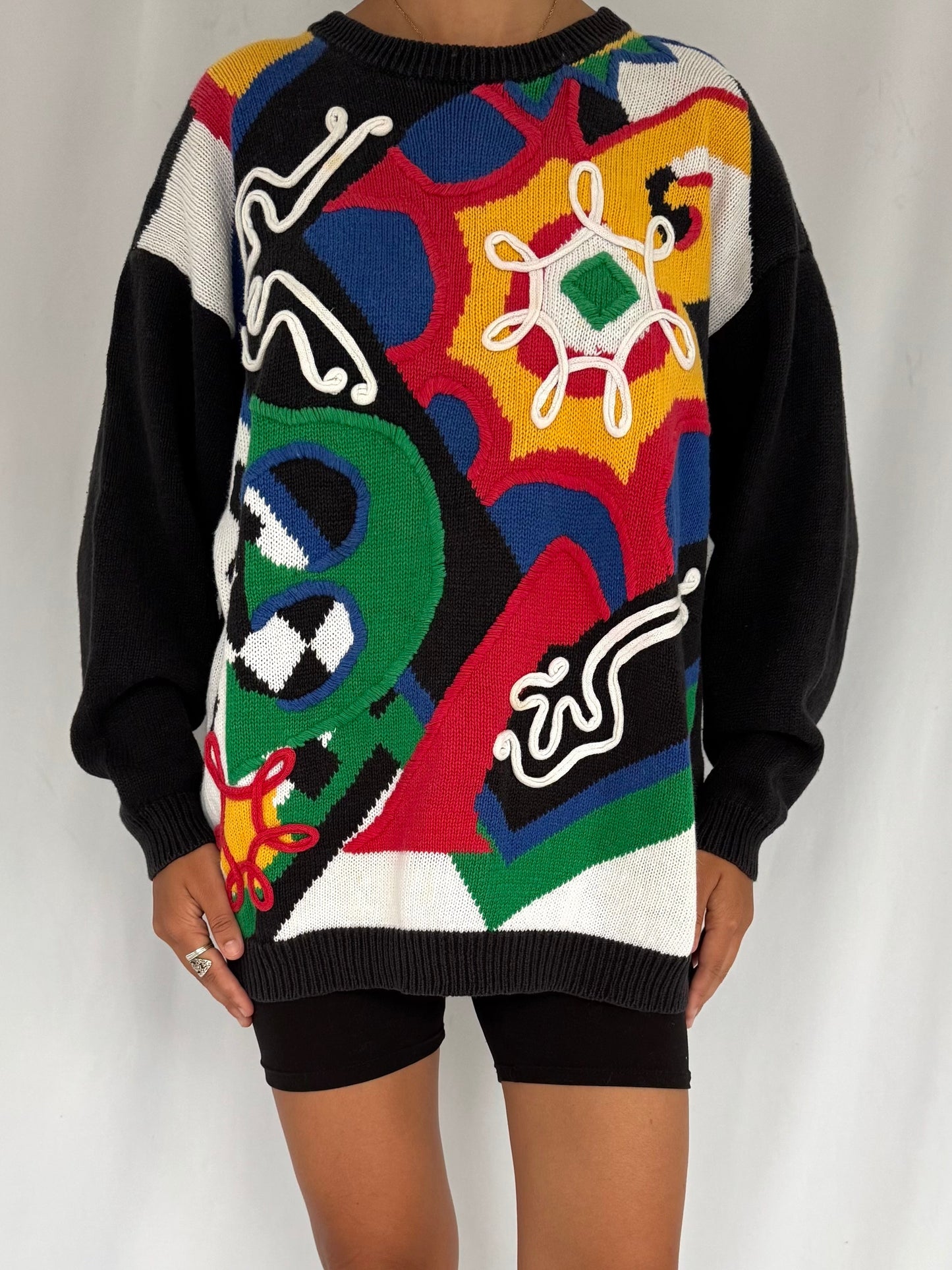 80s vintage multicolor funky abstract embroidered granny knit sweater – large | unique crazy rainbow retro novelty long sleeved jumper