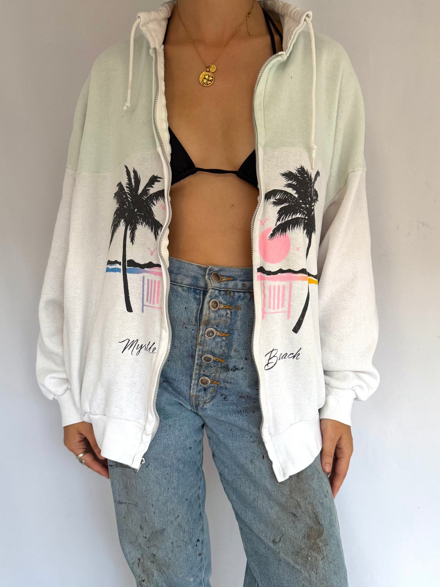 80s vintage myrtle beach retro graphic zip up sweatshirt – large | distressed vacation souvenir palm tree print cotton hoodie sweater