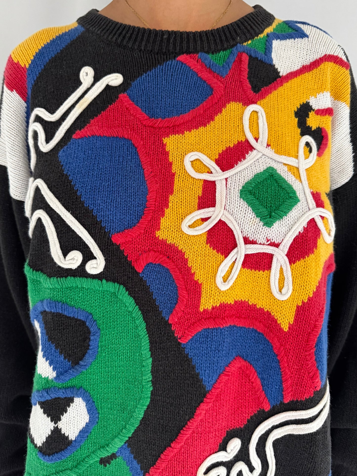 80s vintage multicolor funky abstract embroidered granny knit sweater – large | unique crazy rainbow retro novelty long sleeved jumper