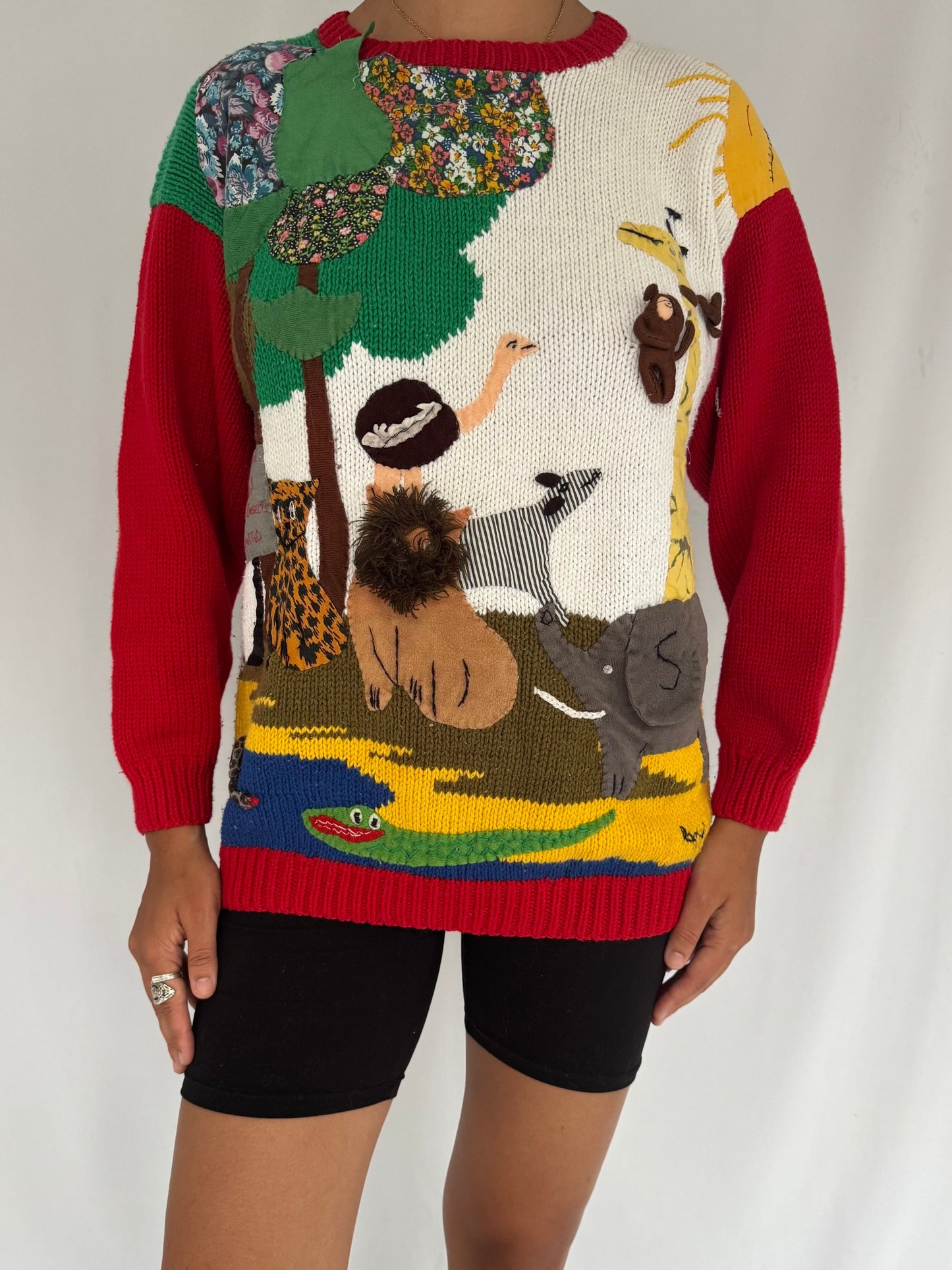 90s vintage multicolor textured 3D jungle animals embroidered hand knit sweater – medium | unique funky safari novelty jumper