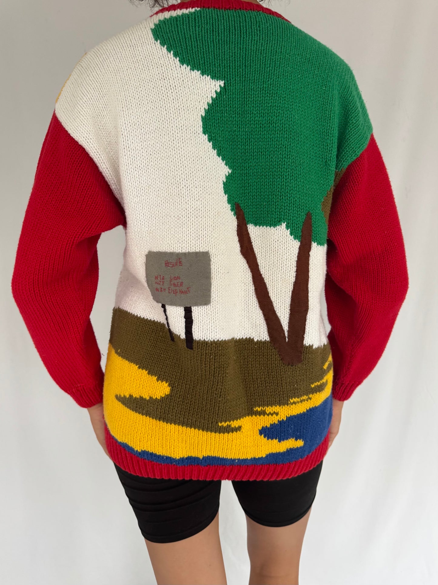 90s vintage multicolor textured 3D jungle animals embroidered hand knit sweater – medium | unique funky safari novelty jumper