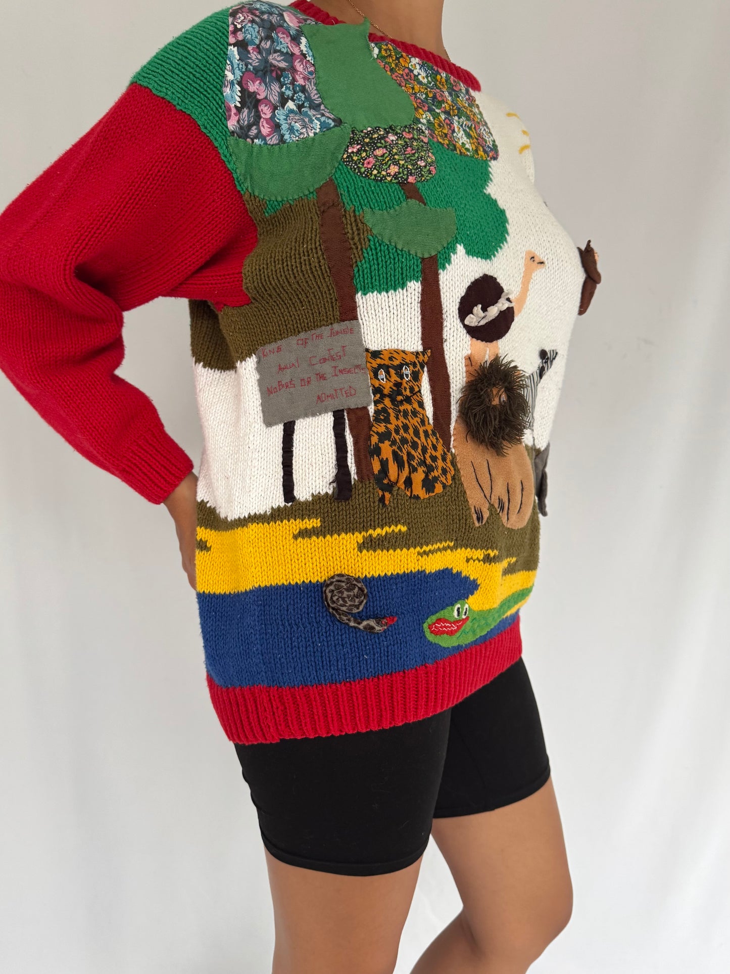 90s vintage multicolor textured 3D jungle animals embroidered hand knit sweater – medium | unique funky safari novelty jumper