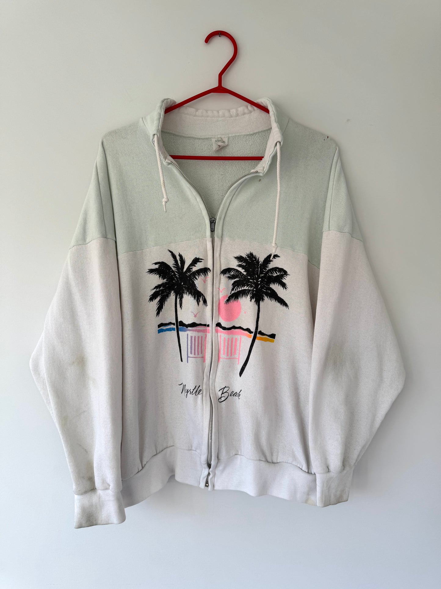 80s vintage myrtle beach retro graphic zip up sweatshirt – large | distressed vacation souvenir palm tree print cotton hoodie sweater