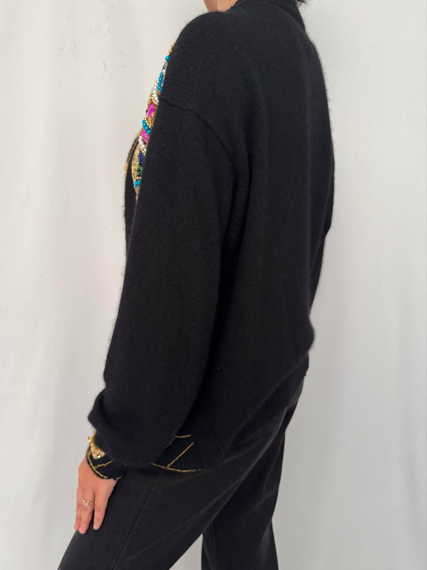 80s vintage black rainbow embellished open front knit cardigan – large | jeweled beaded sequins pearls silk angora sweater