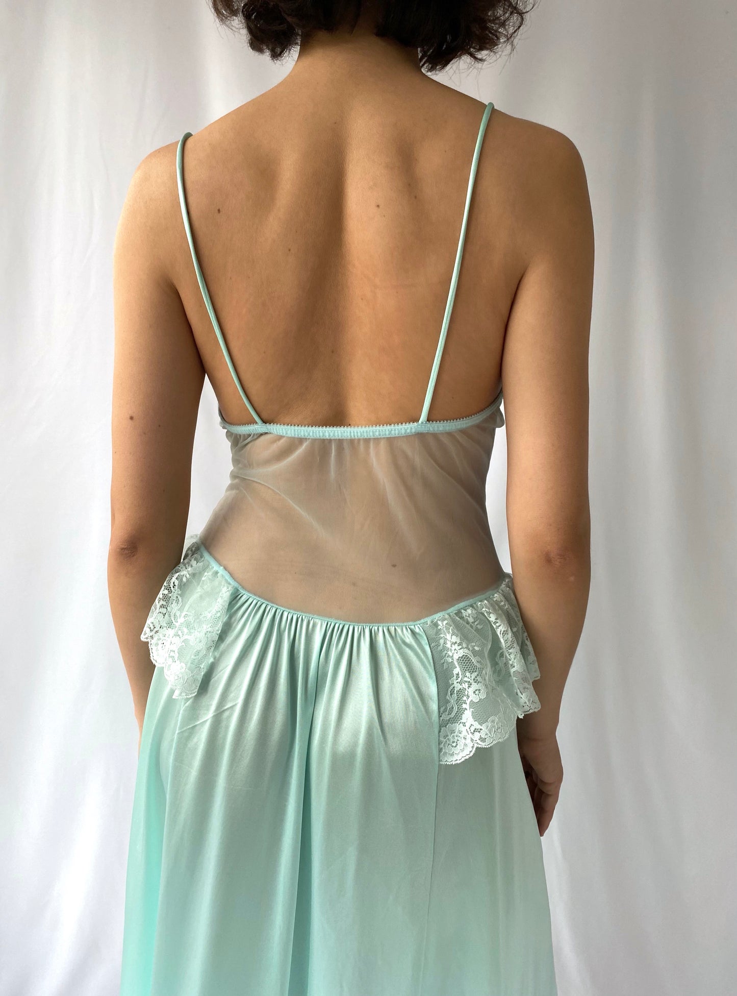 80s vintage aqua mint lace lingerie nightgown dress - medium | rare flowy sheer camisole slip gown