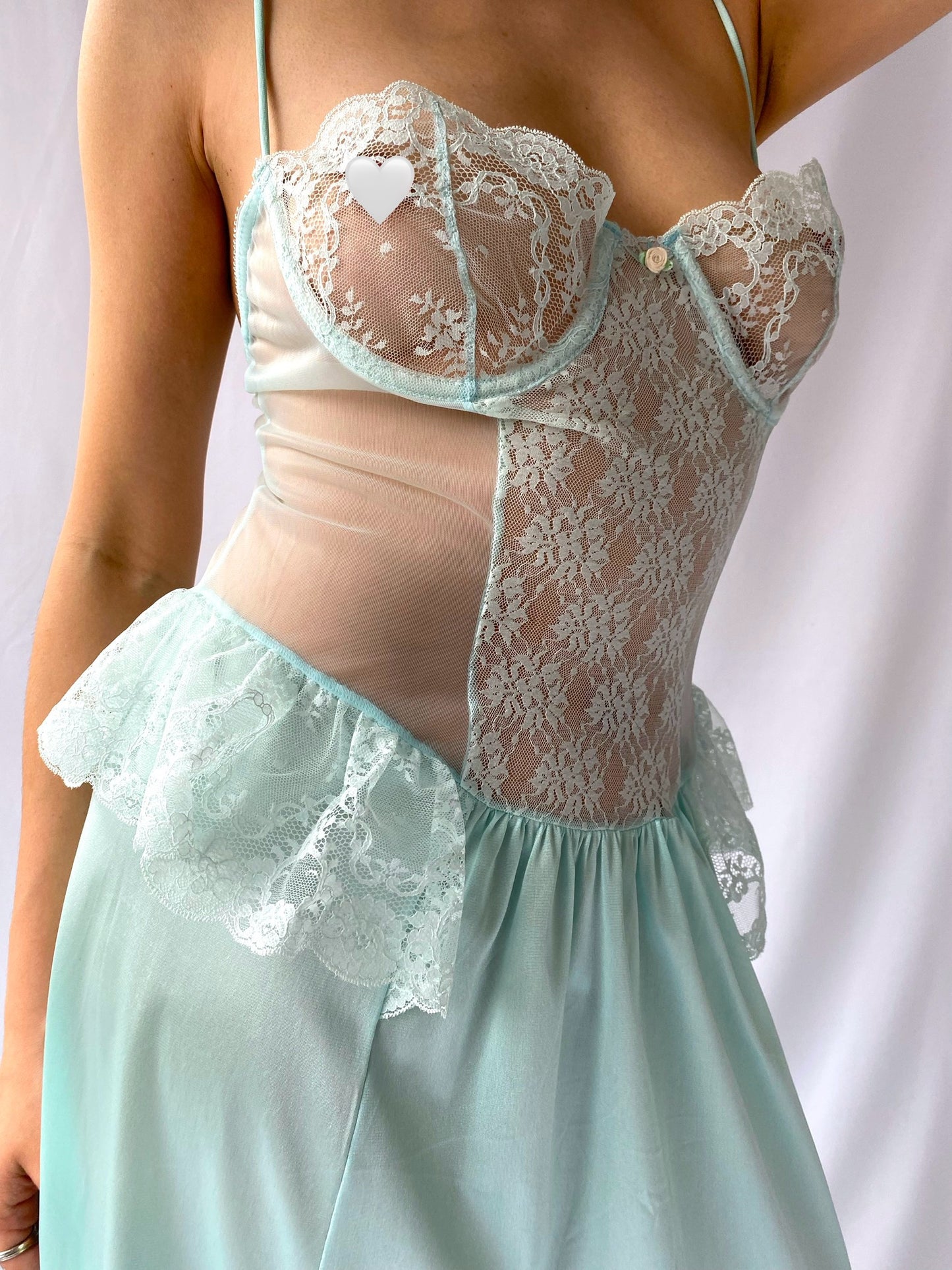 80s vintage aqua mint lace lingerie nightgown dress - medium | rare flowy sheer camisole slip gown