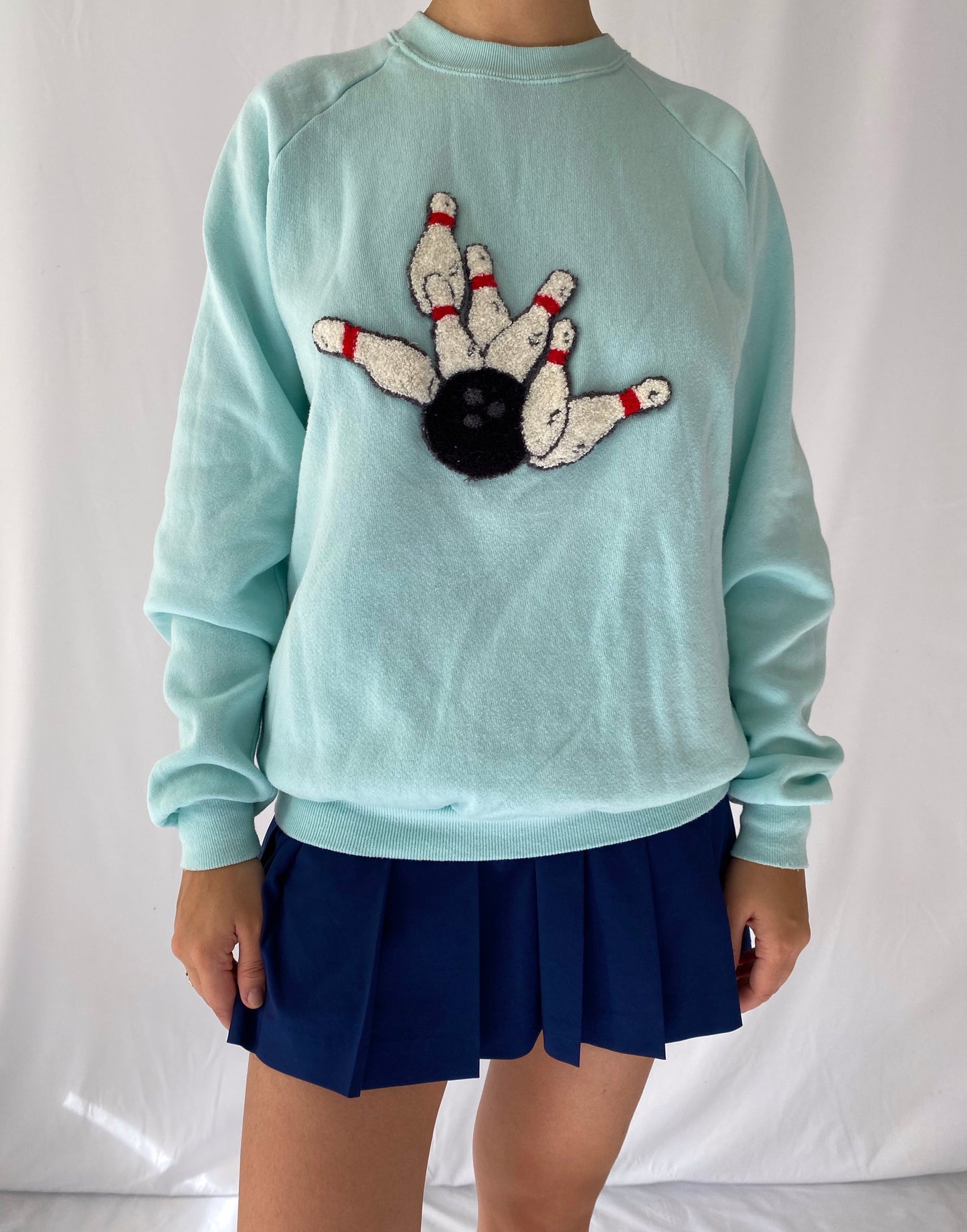 90s vintage aqua bowling crewneck pullover sweater – large | handmade novelty unique cute unisex sweatshirt