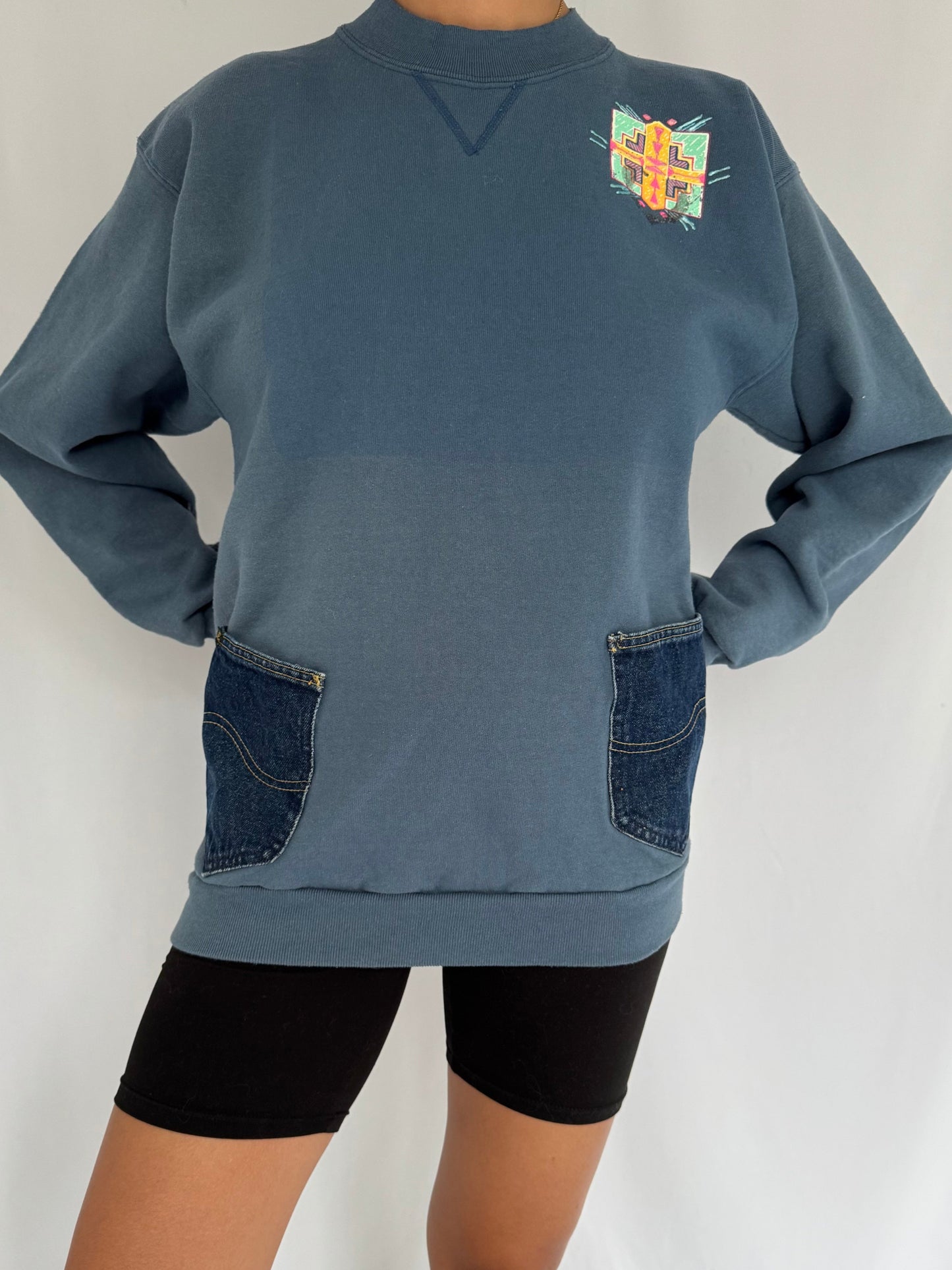 90s vintage blue western denim reworked embroidered pullover sweater – medium | novelty southwestern crewneck sweatshirt