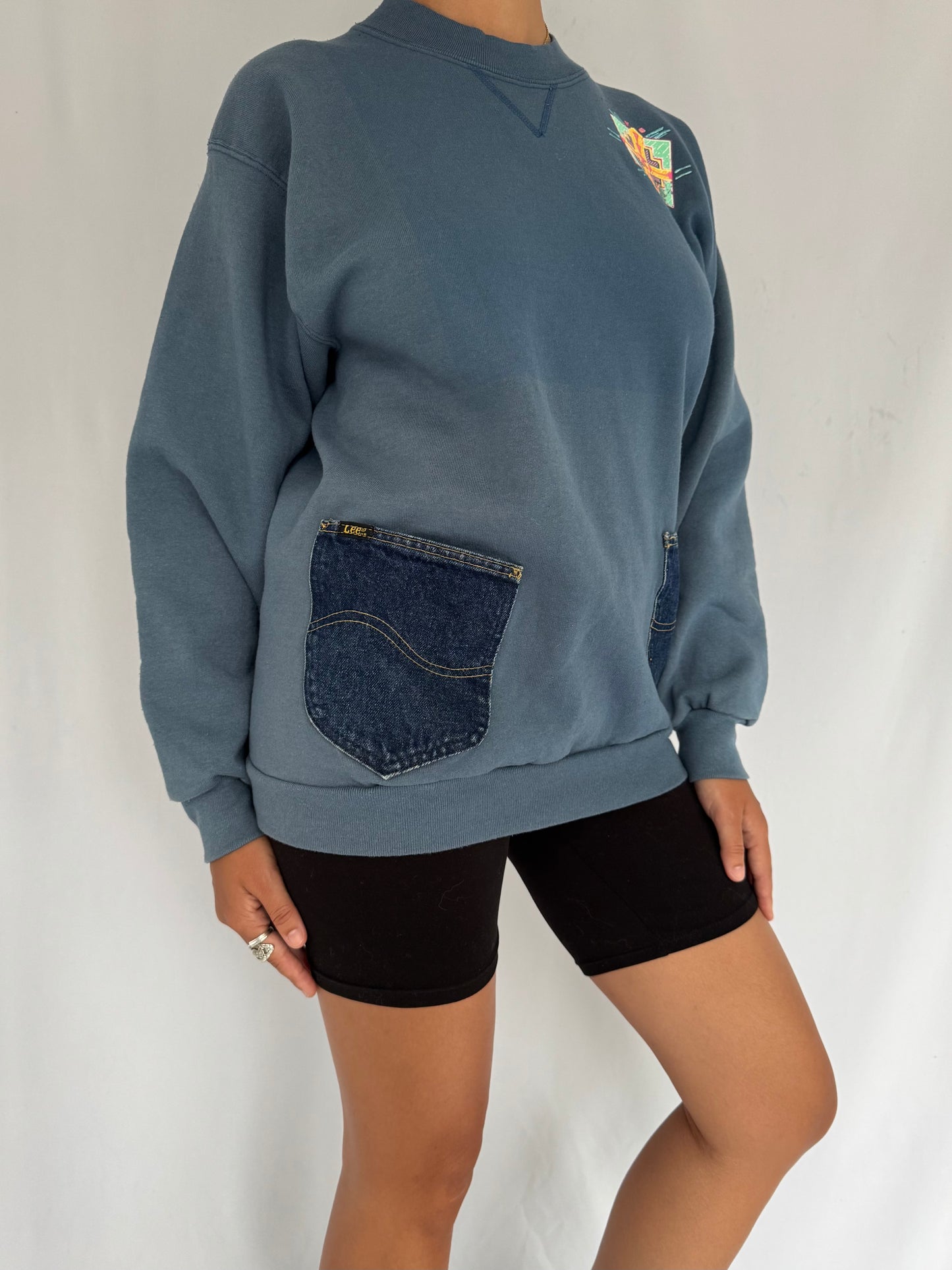 90s vintage blue western denim reworked embroidered pullover sweater – medium | novelty southwestern crewneck sweatshirt