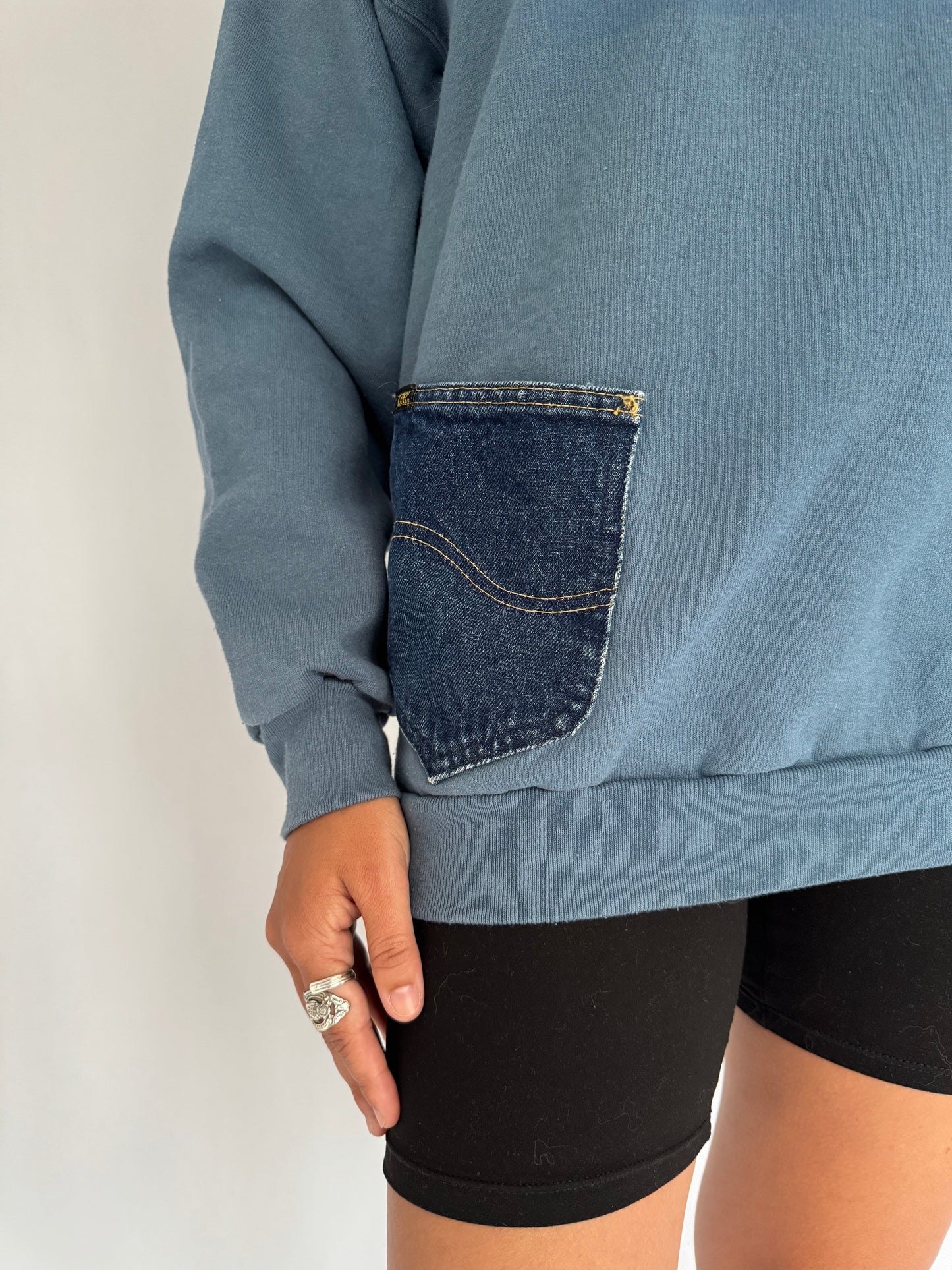 90s vintage blue western denim reworked embroidered pullover sweater – medium | novelty southwestern crewneck sweatshirt