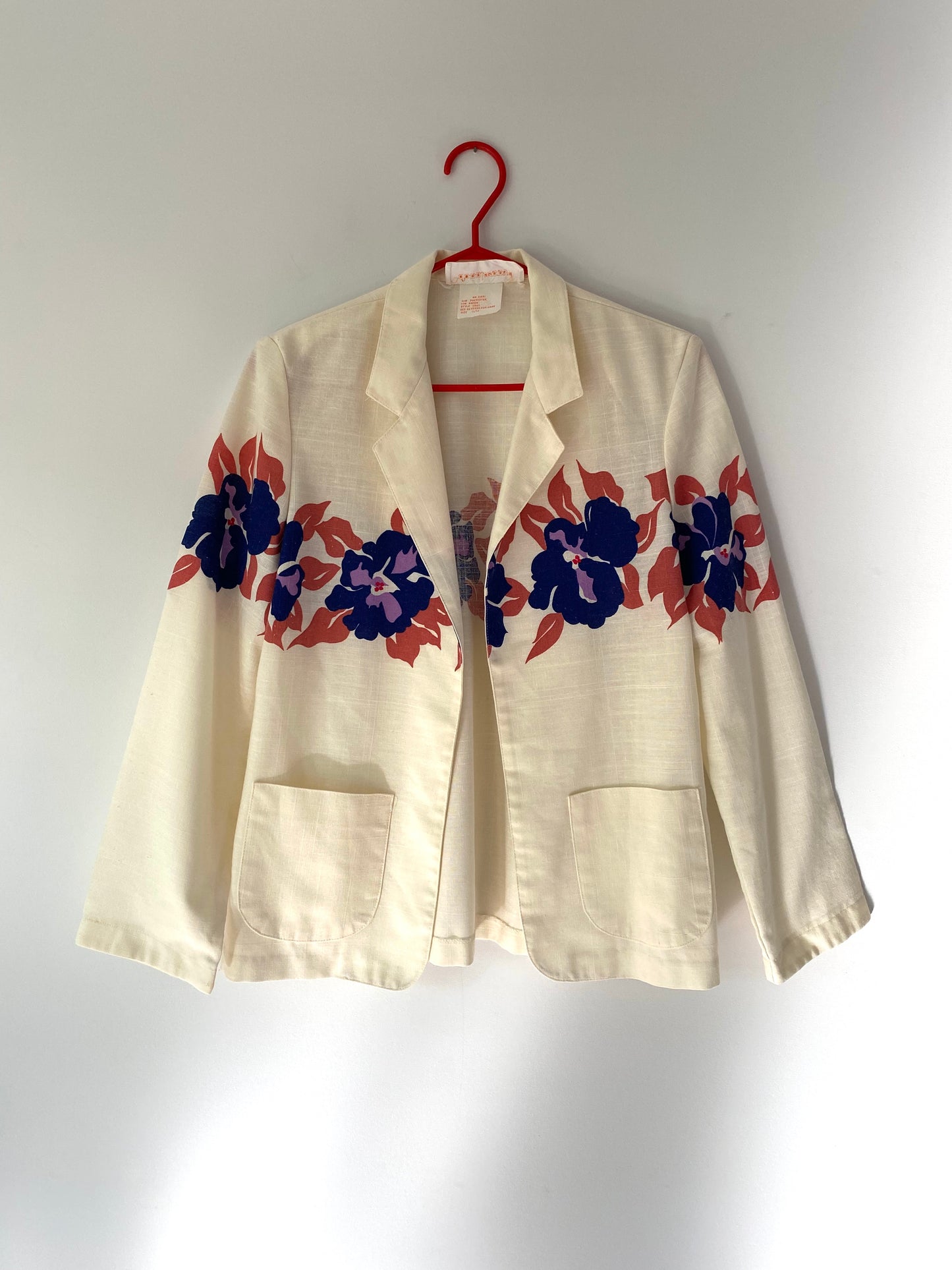 90s vintage cream floral hibiscus print open front blazer