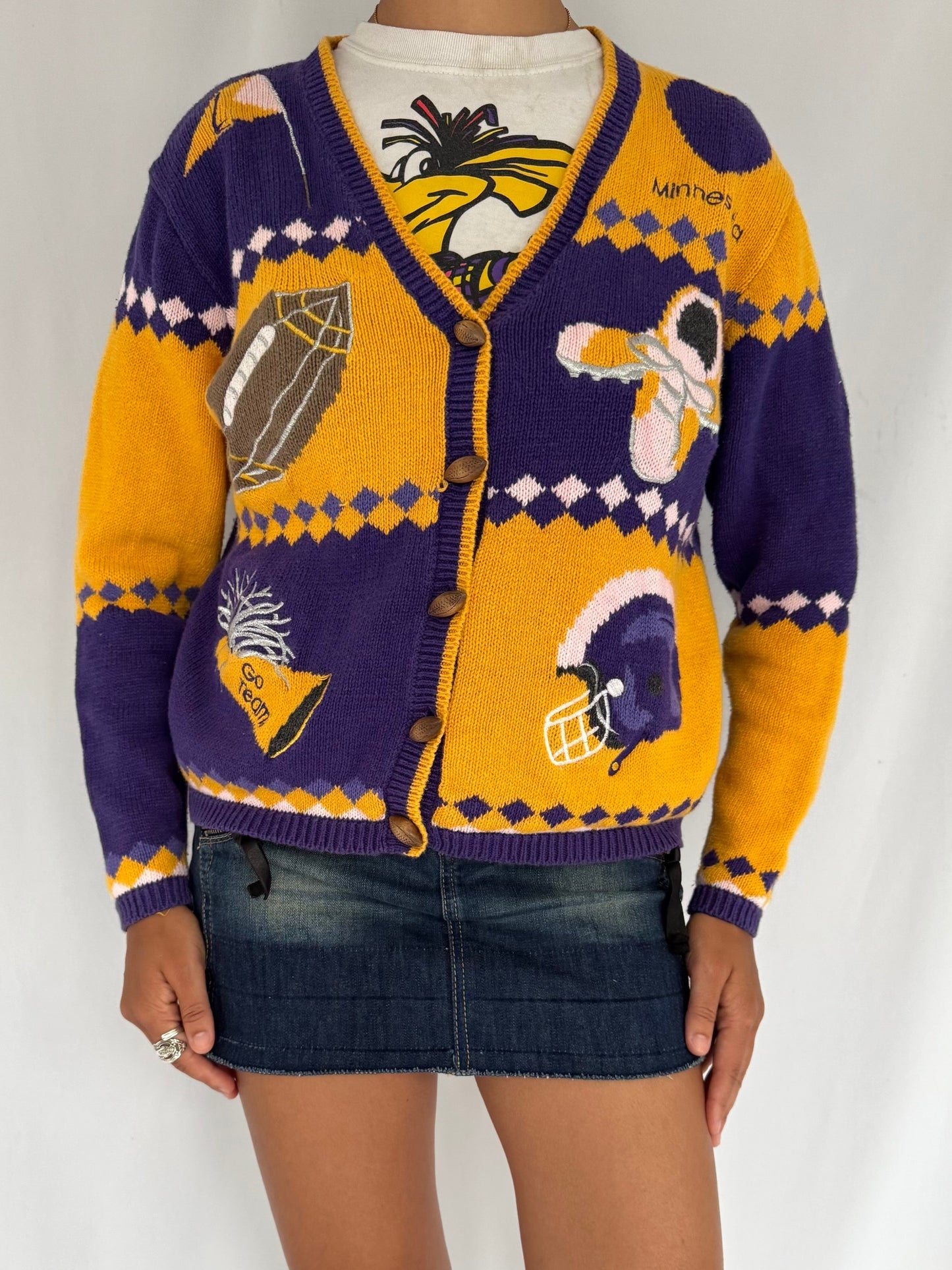 90s vintage novelty football print embroidered knit cardigan – small | minnesota vikings christopher banks unique funky button up sweater