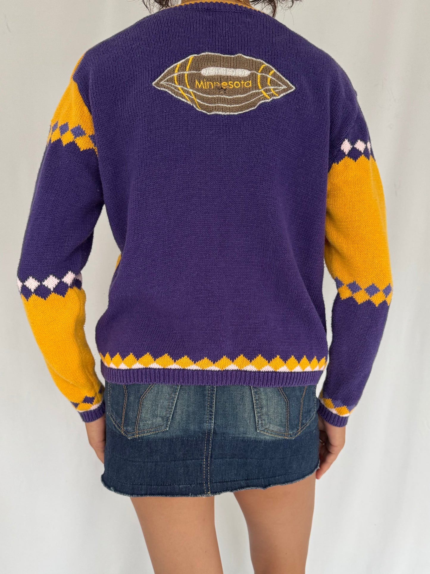 90s vintage novelty football print embroidered knit cardigan – small | minnesota vikings christopher banks unique funky button up sweater