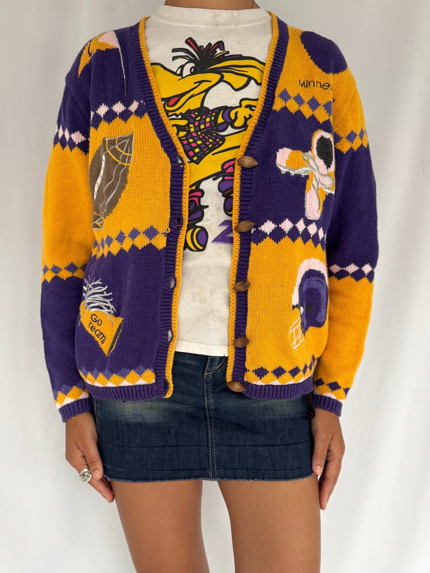 90s vintage novelty football print embroidered knit cardigan – small | minnesota vikings christopher banks unique funky button up sweater
