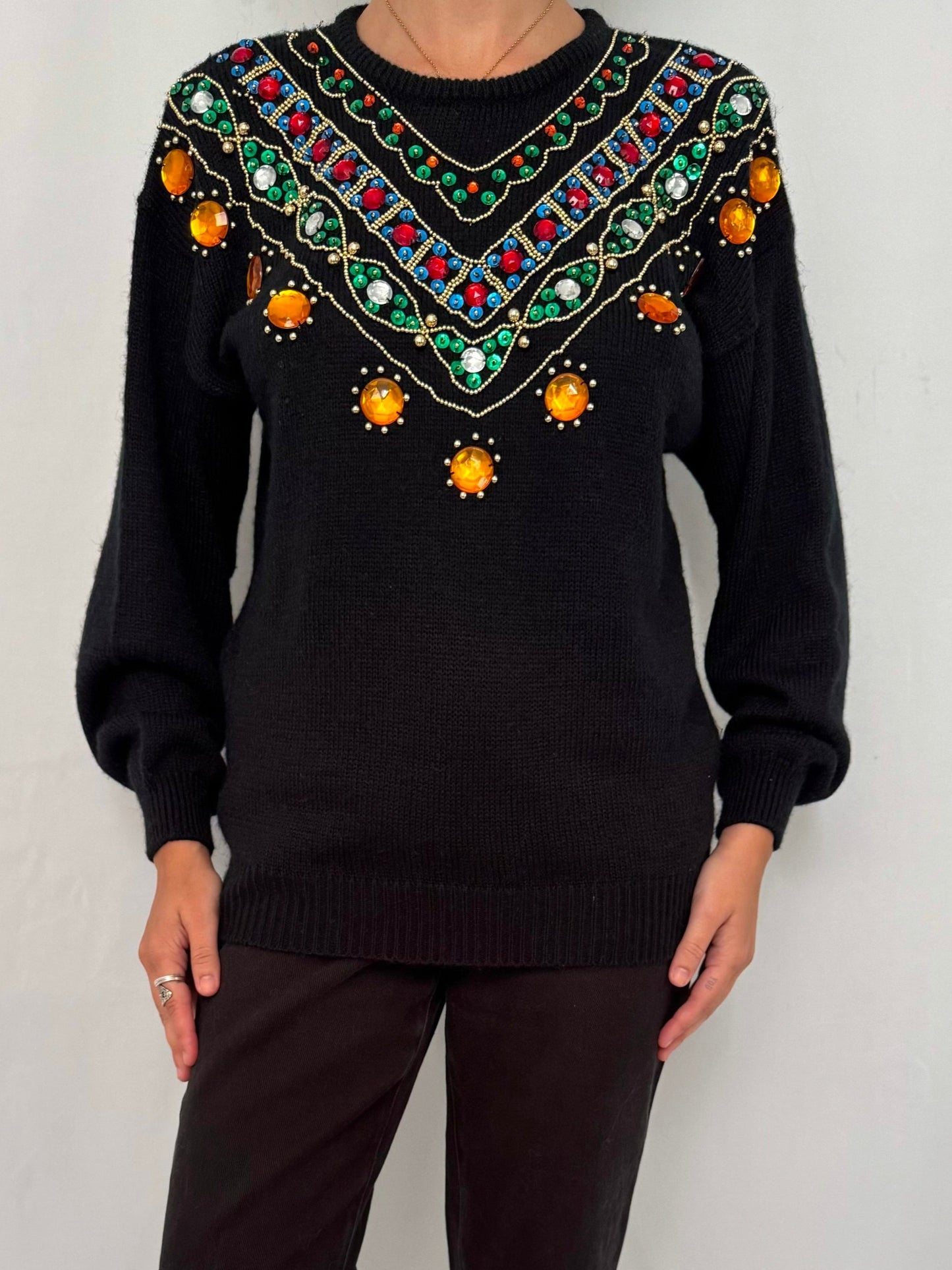 80s vintage black rainbow embellished jeweled knit sweater – small, medium | embroidered beaded acrylic jumper