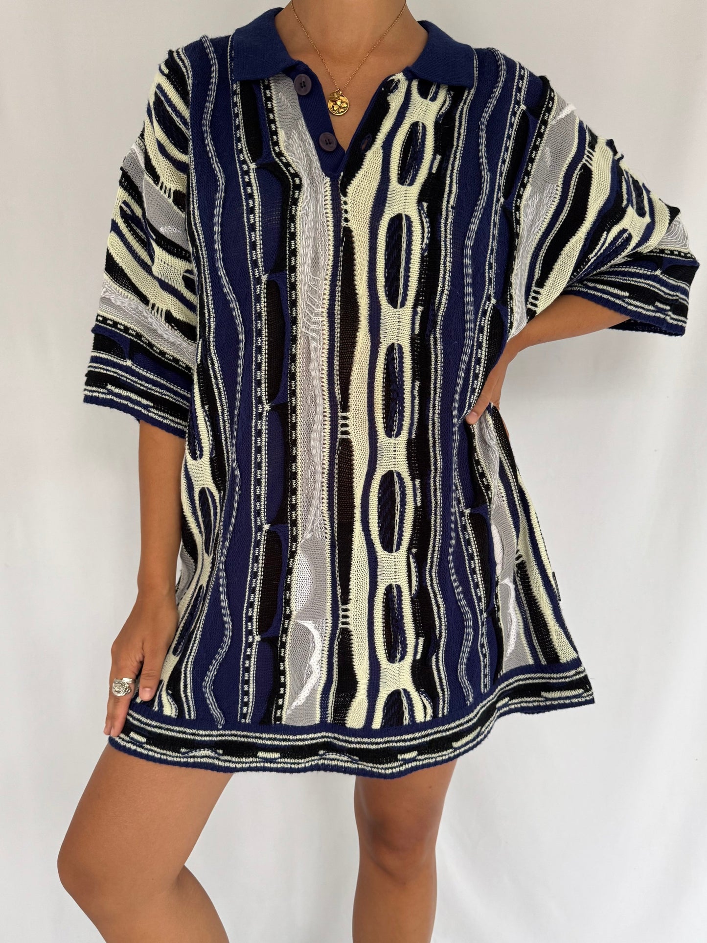 90s vintage 3D textured ugly coogi style knit dress collared shirt – mens large | unisex womens multicolor funky crazy streetwear