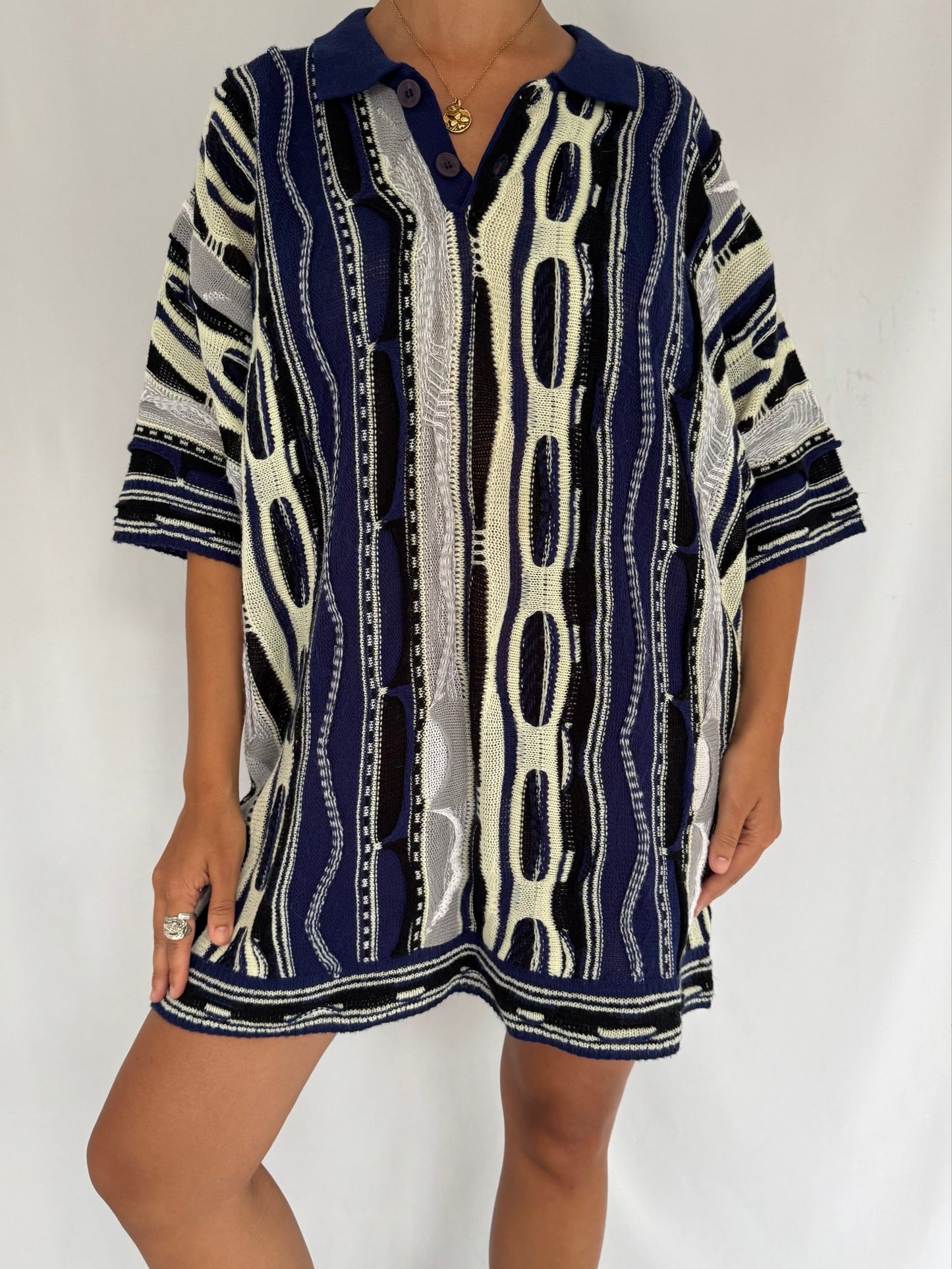 90s vintage 3D textured ugly coogi style knit dress collared shirt – mens large | unisex womens multicolor funky crazy streetwear