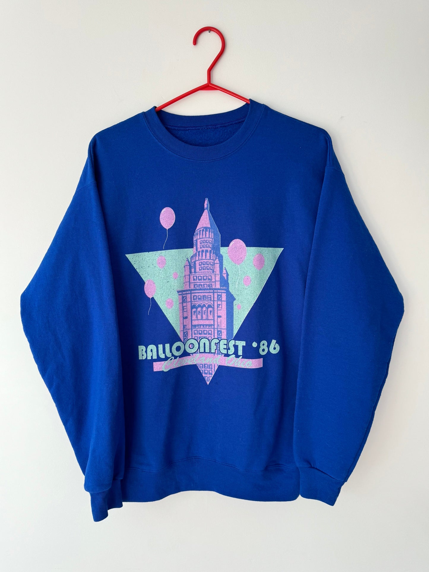 y2k vintage blue balloonfest ohio graphic crewneck pullover sweater – medium | unisex novelty balloon festival print long sleeved sweatshirt