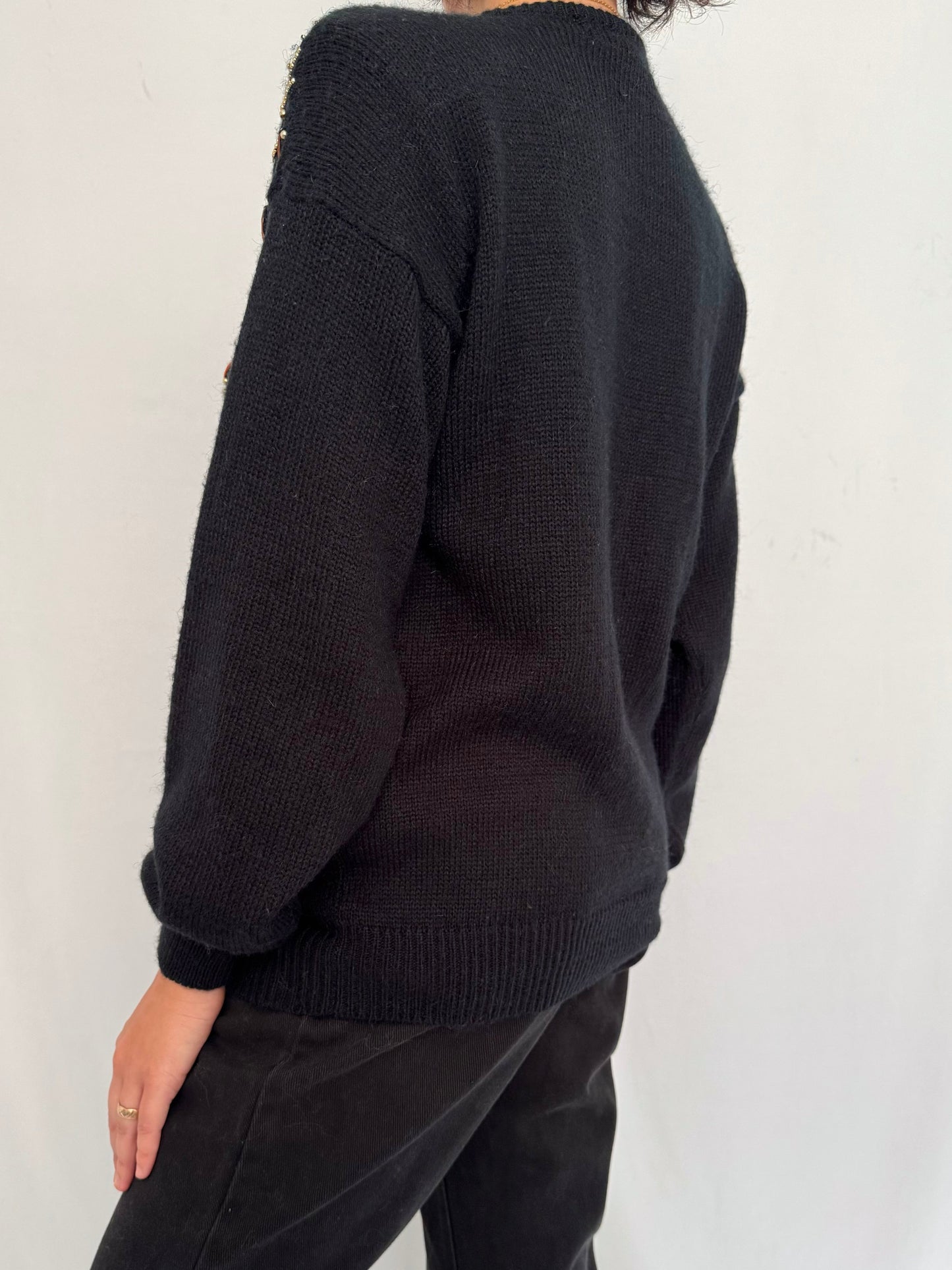 80s vintage black rainbow embellished jeweled knit sweater – small, medium | embroidered beaded acrylic jumper