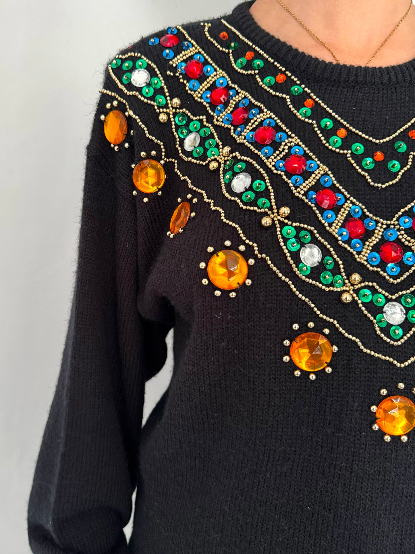 80s vintage black rainbow embellished jeweled knit sweater – small, medium | embroidered beaded acrylic jumper